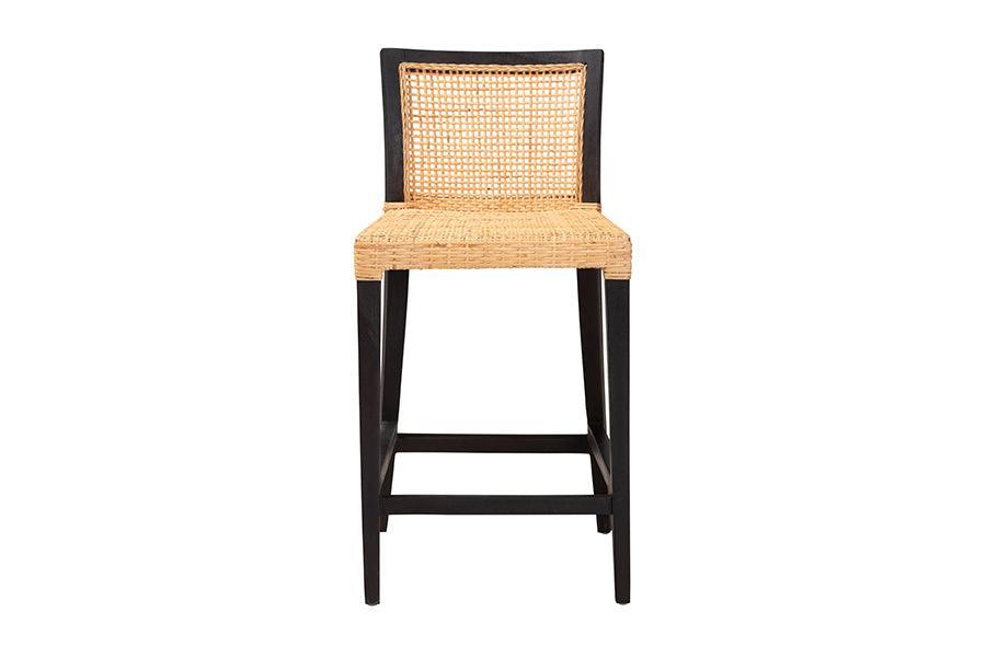 Lingga Modern Bohemian Dark Brown Mahogany Wood and Natural Rattan Counter Stool FredCo