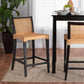 Lingga Modern Bohemian Dark Brown Mahogany Wood and Natural Rattan Counter Stool FredCo