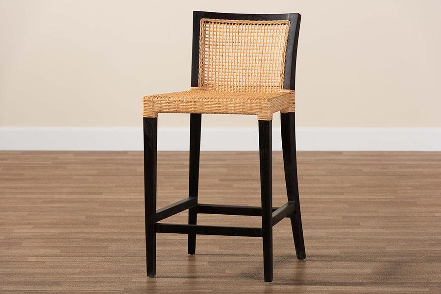 Lingga Modern Bohemian Dark Brown Mahogany Wood and Natural Rattan Counter Stool FredCo