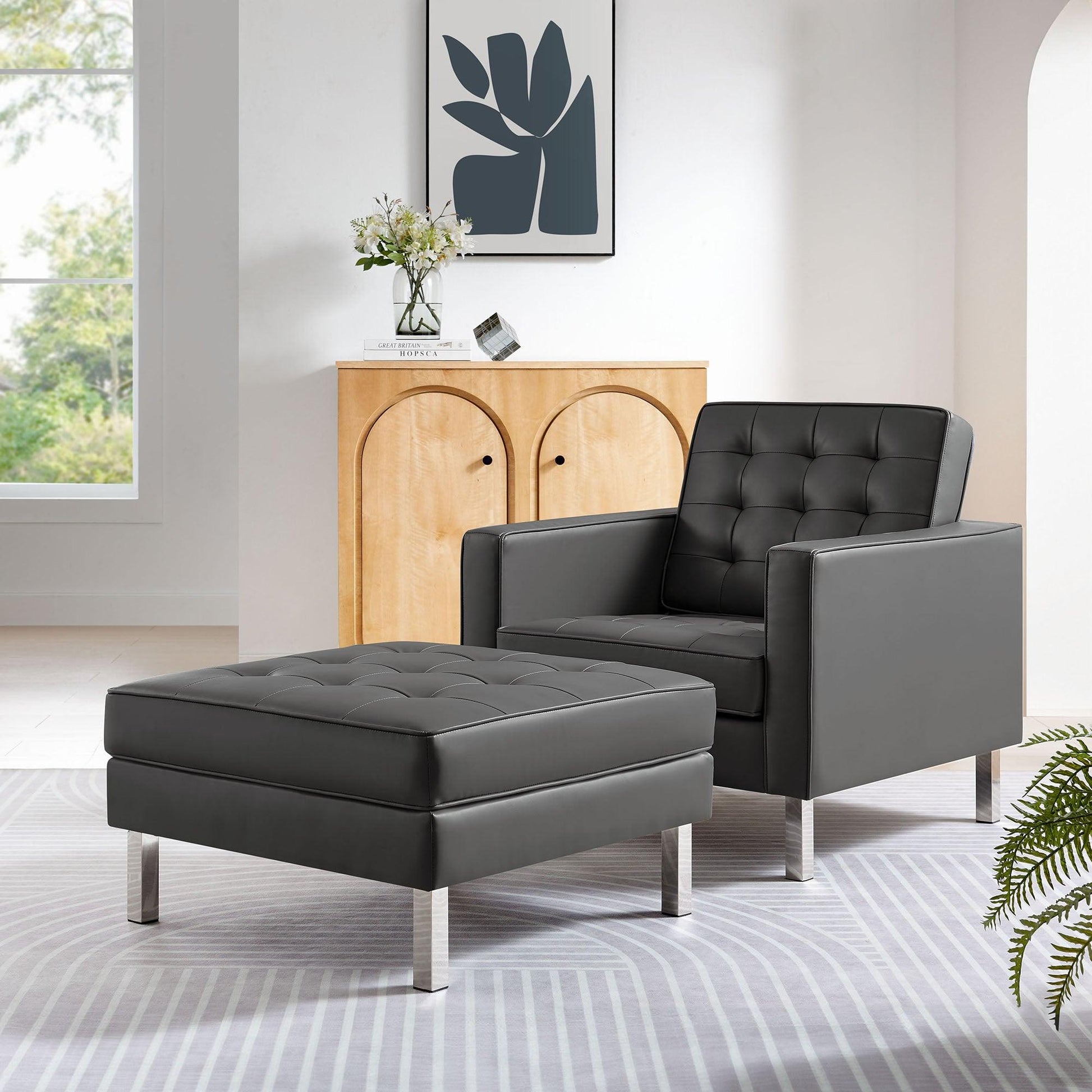 Loft Tufted Vegan Leather Armchair and Ottoman Set by Modway FredCo