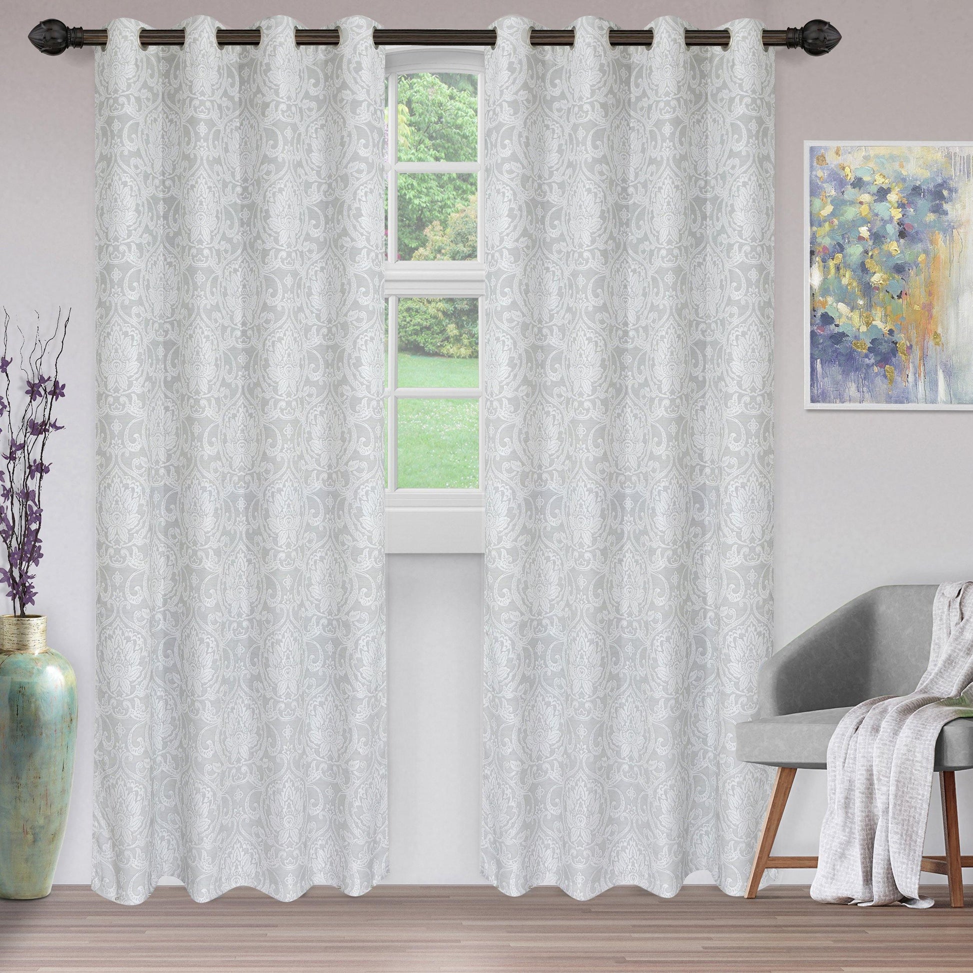 Lotus Light Filtering Floral Damask Jacquard Curtain Set FredCo