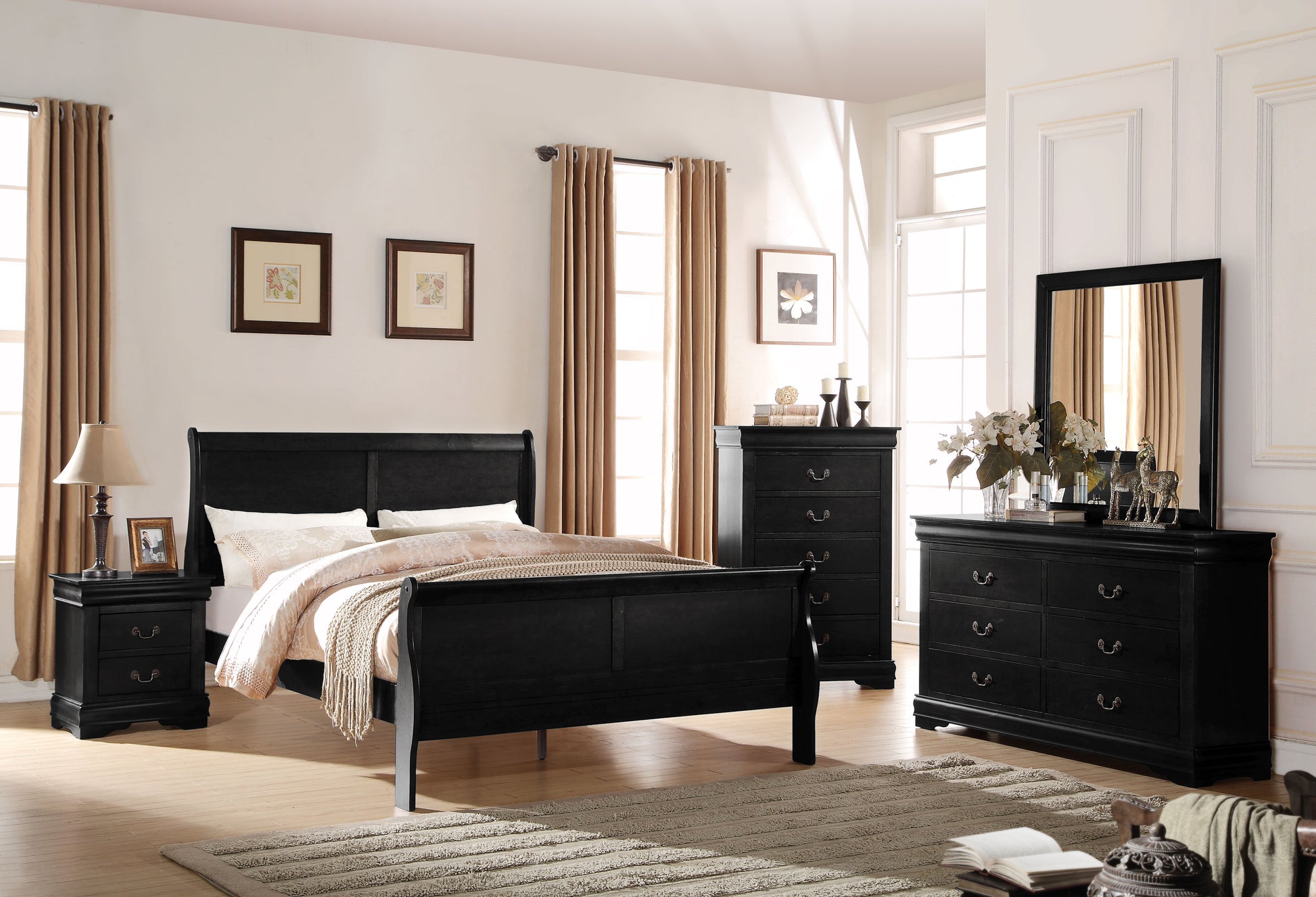 Louis Philippe Black Finish 4PCS Bedroom Set (Twin Bed) FredCo