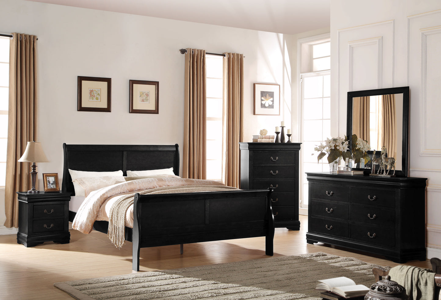 Louis Philippe Black Finish 4PCS Bedroom Set (Twin Bed, No Mirror) FredCo