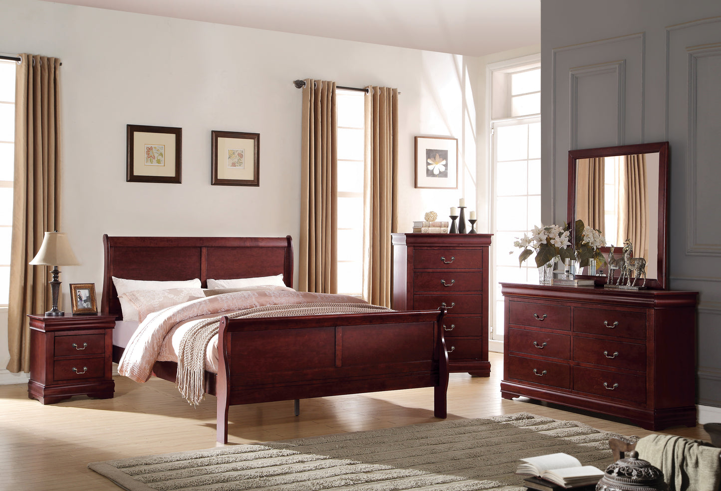 Louis Philippe Cherry Finish 2PCS Bedroom Set (Twin Bed) FredCo