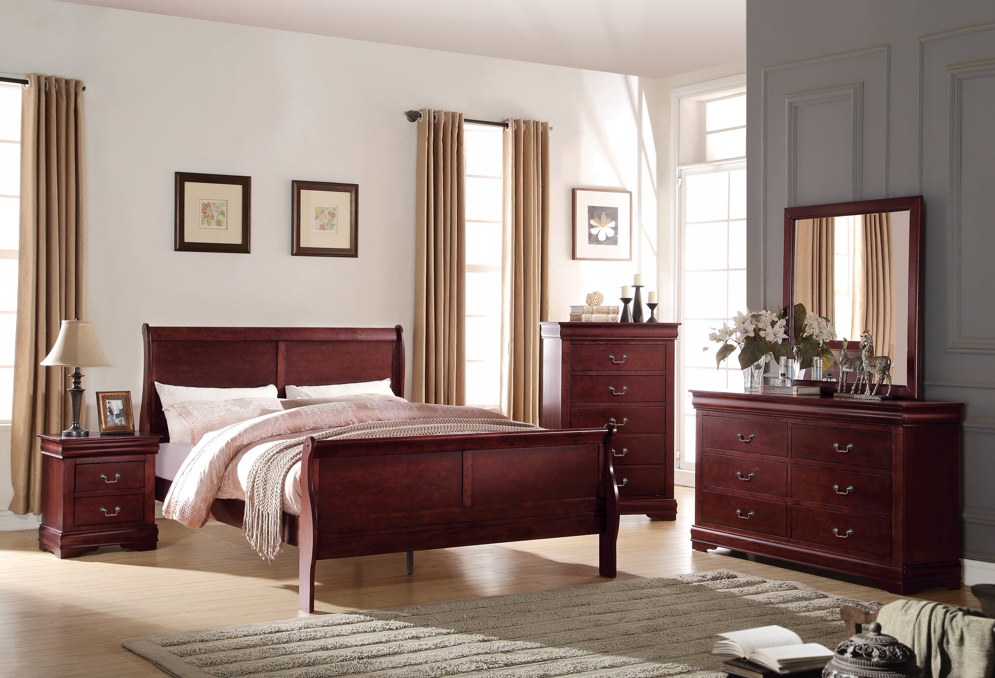 Louis Philippe Cherry Finish 4PCS Bedroom Set ( Twin Bed) FredCo