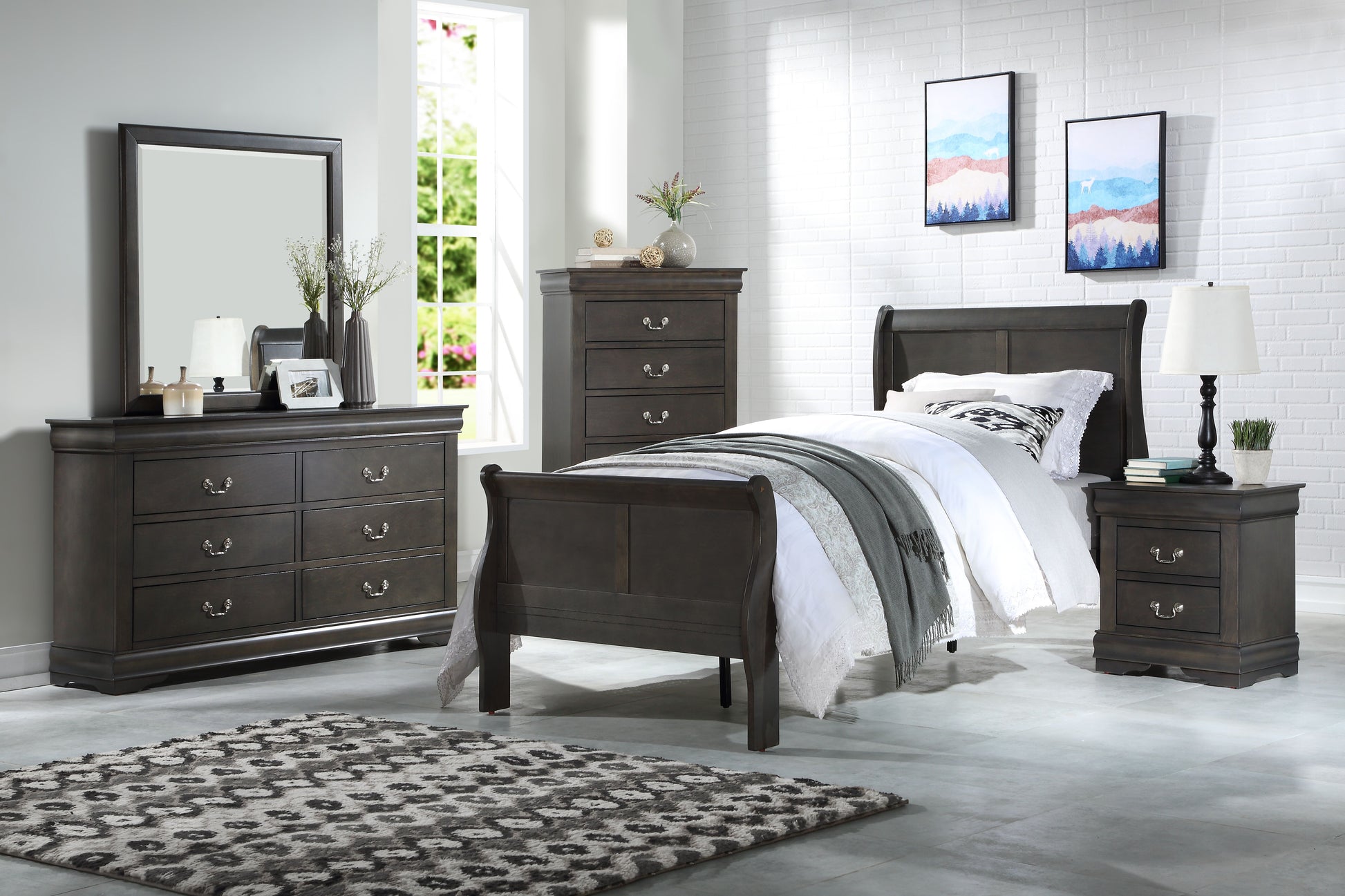 Louis Philippe Dark Gray Finish 4 PCS Bedroom Set (E. King) FredCo