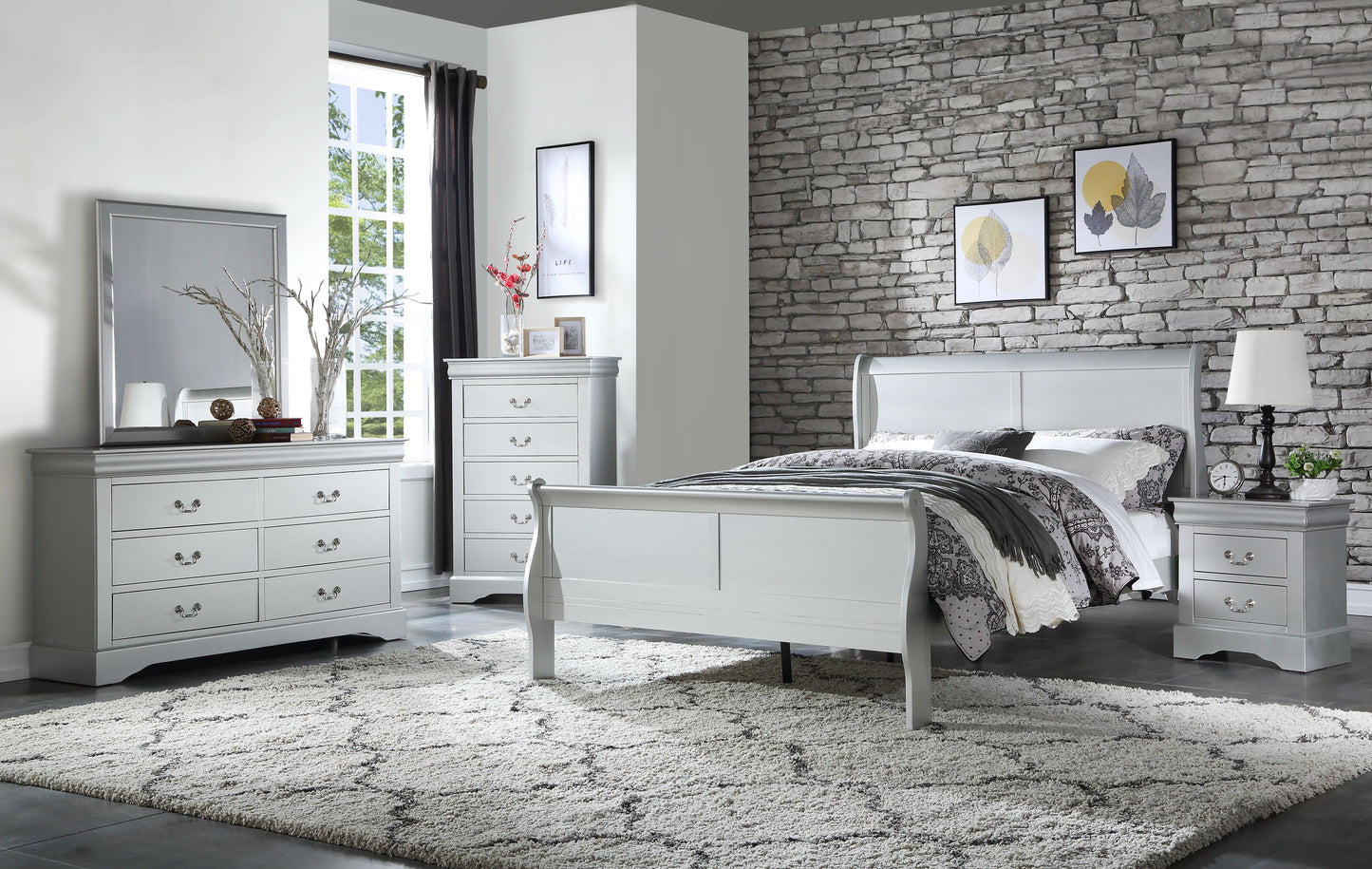 Louis Philippe Platinum Finish 4 PCS Bedroom Set(Queen Bed, No Mirror) FredCo