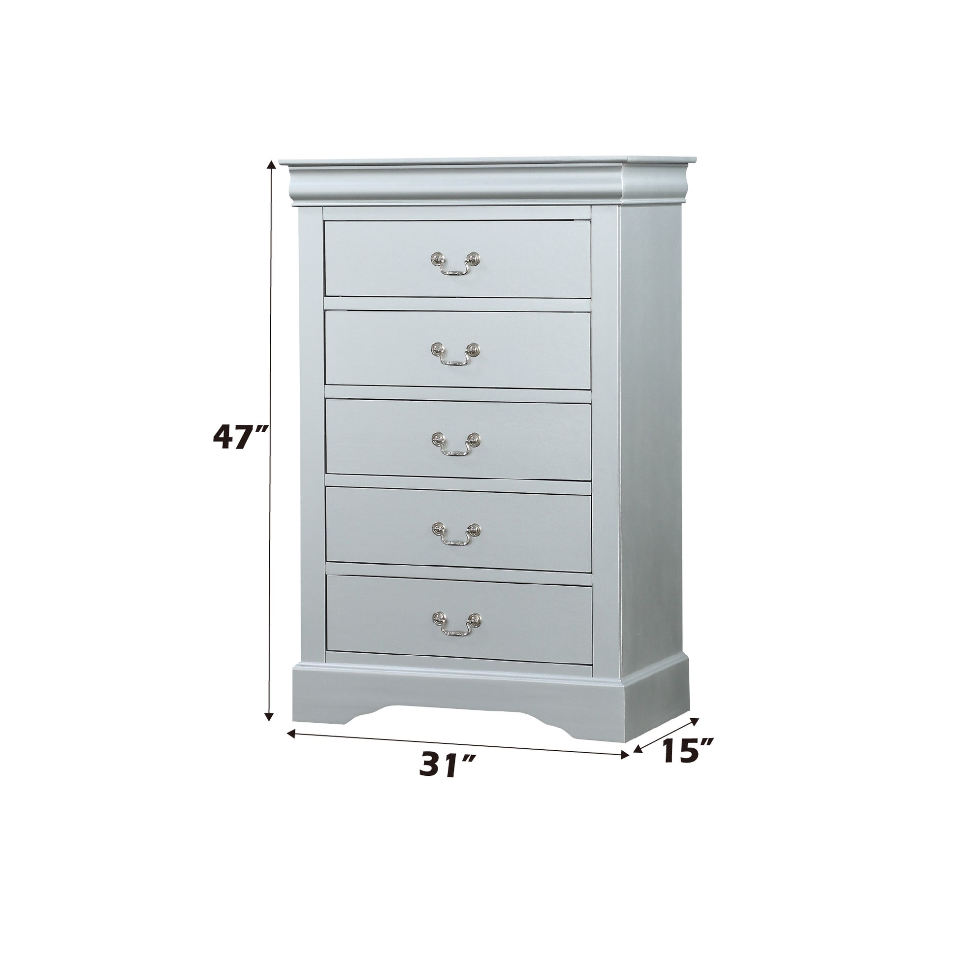 Louis Philippe Platinum Finish 4 PCS Bedroom Set(Queen Bed, No Mirror) FredCo