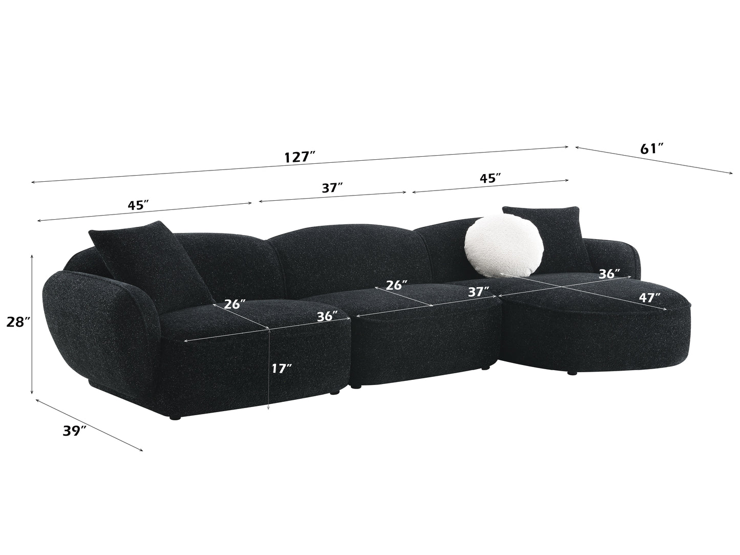 Lucifer Black & White Shimmer Fabric Sectional Sofa w/3 Pillows FredCo