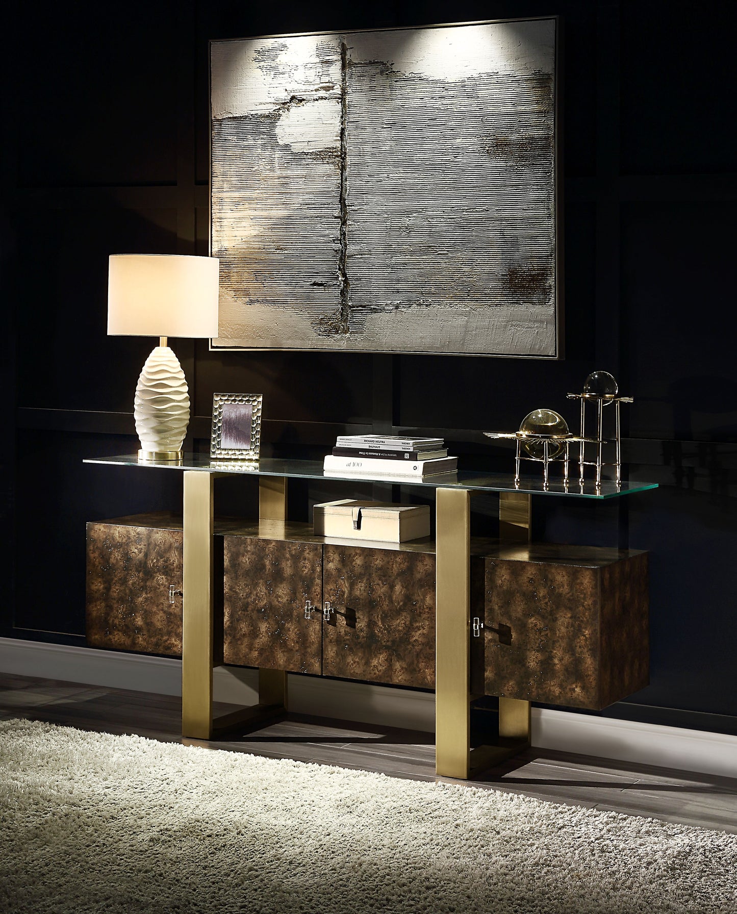 Mabyn Brass & Antique Brown Finish Console Cabinet FredCo