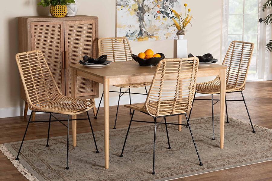 Manhattan Modern Bohemian Rattan and Natural Oak Finished Wood 5-Piece Dining Set FredCo