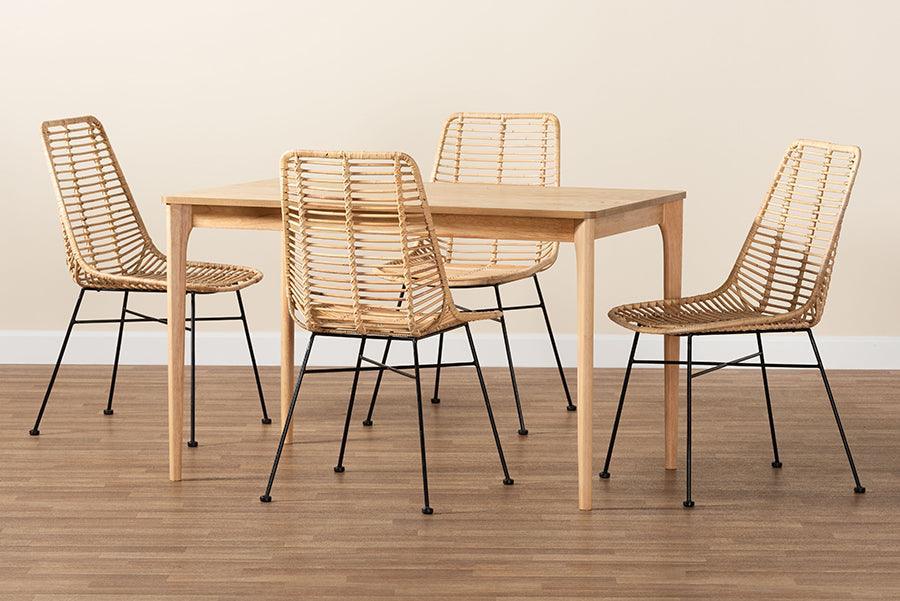 Manhattan Modern Bohemian Rattan and Natural Oak Finished Wood 5-Piece Dining Set FredCo