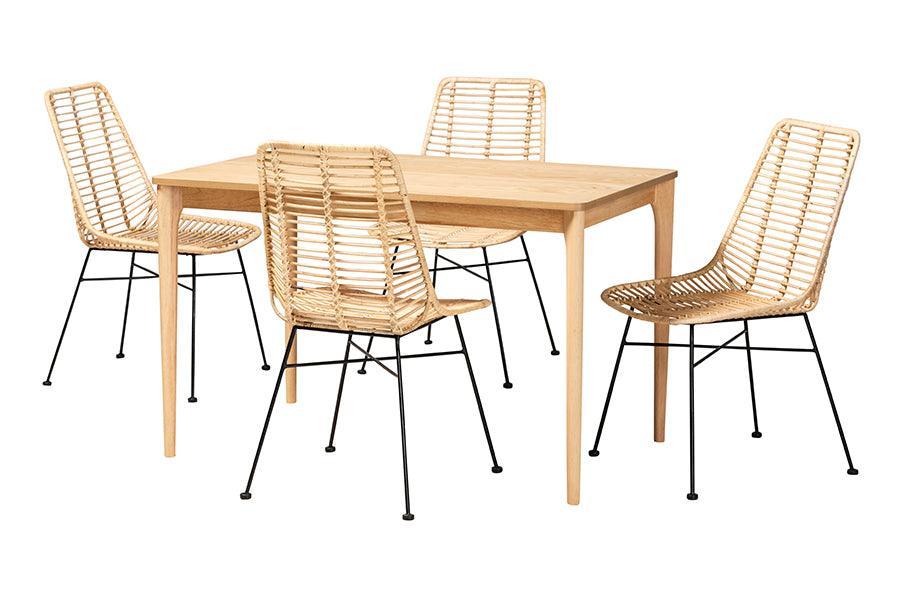 Manhattan Modern Bohemian Rattan and Natural Oak Finished Wood 5-Piece Dining Set FredCo