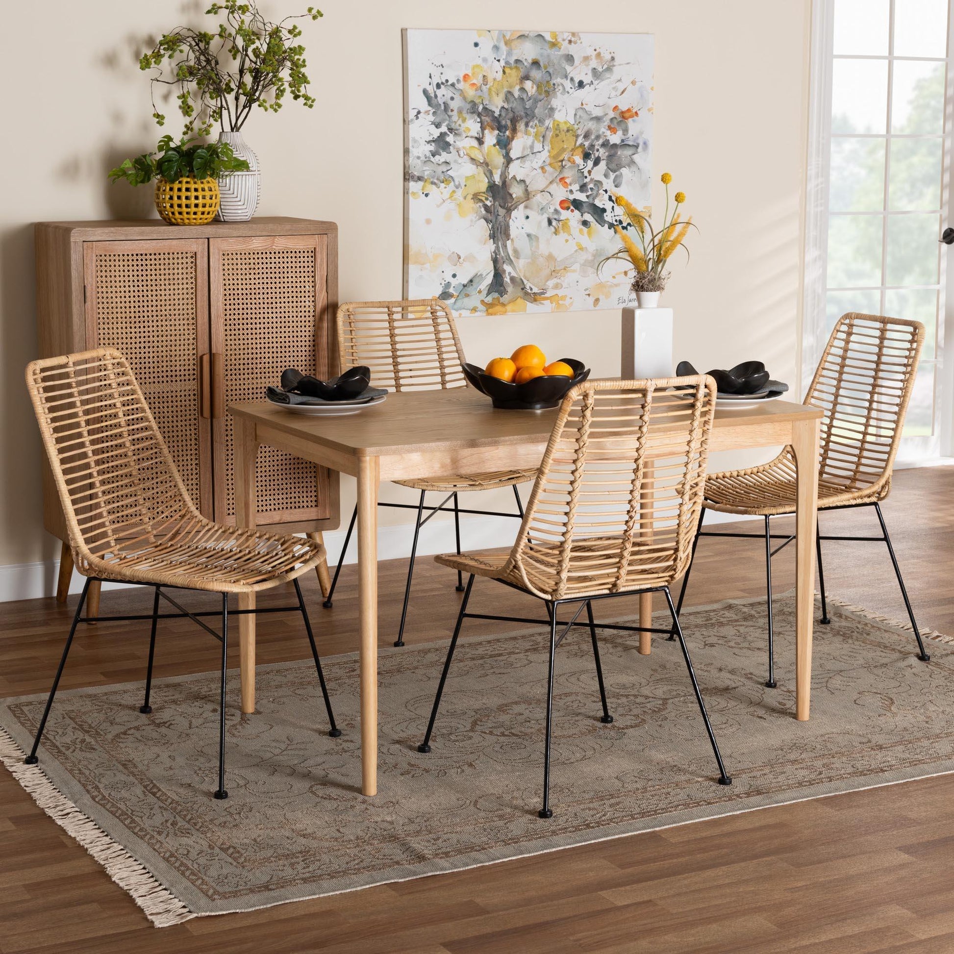 Manhattan Modern Bohemian Rattan and Natural Oak Finished Wood 5-Piece Dining Set FredCo