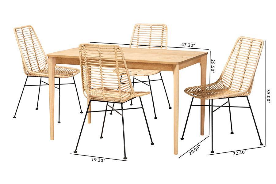 Manhattan Modern Bohemian Rattan and Natural Oak Finished Wood 5-Piece Dining Set FredCo