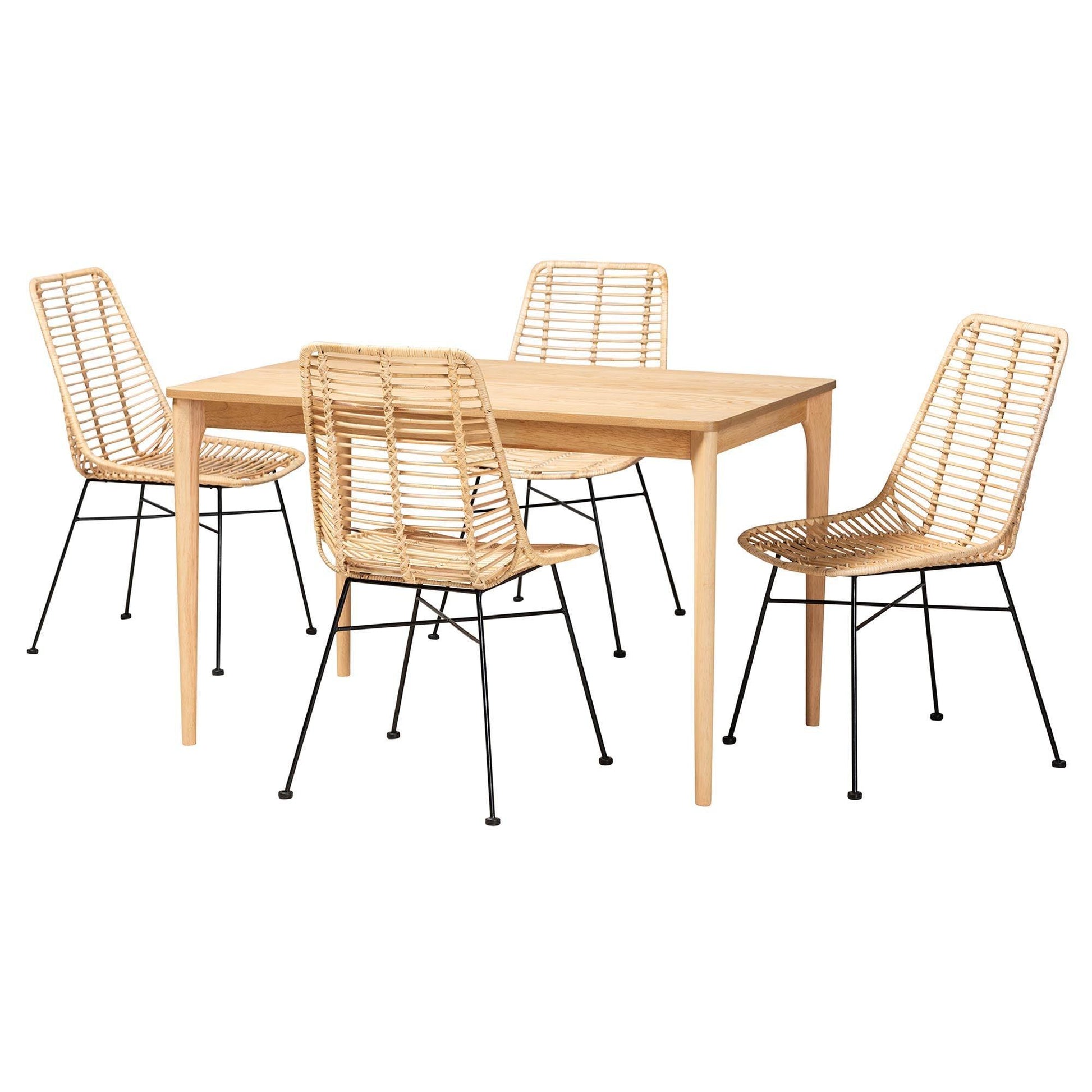 Manhattan Modern Bohemian Rattan and Natural Oak Finished Wood 5-Piece Dining Set FredCo