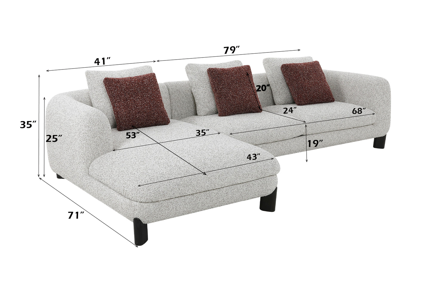 Mardi Maroon & Beige Tweed Sectional Sofa w/3 Pillows FredCo