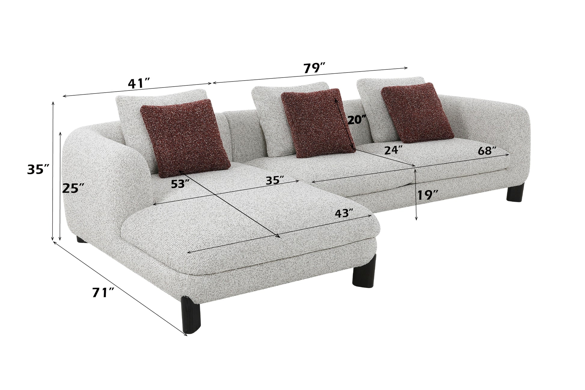 Mardi Maroon & Beige Tweed Sectional Sofa w/3 Pillows FredCo