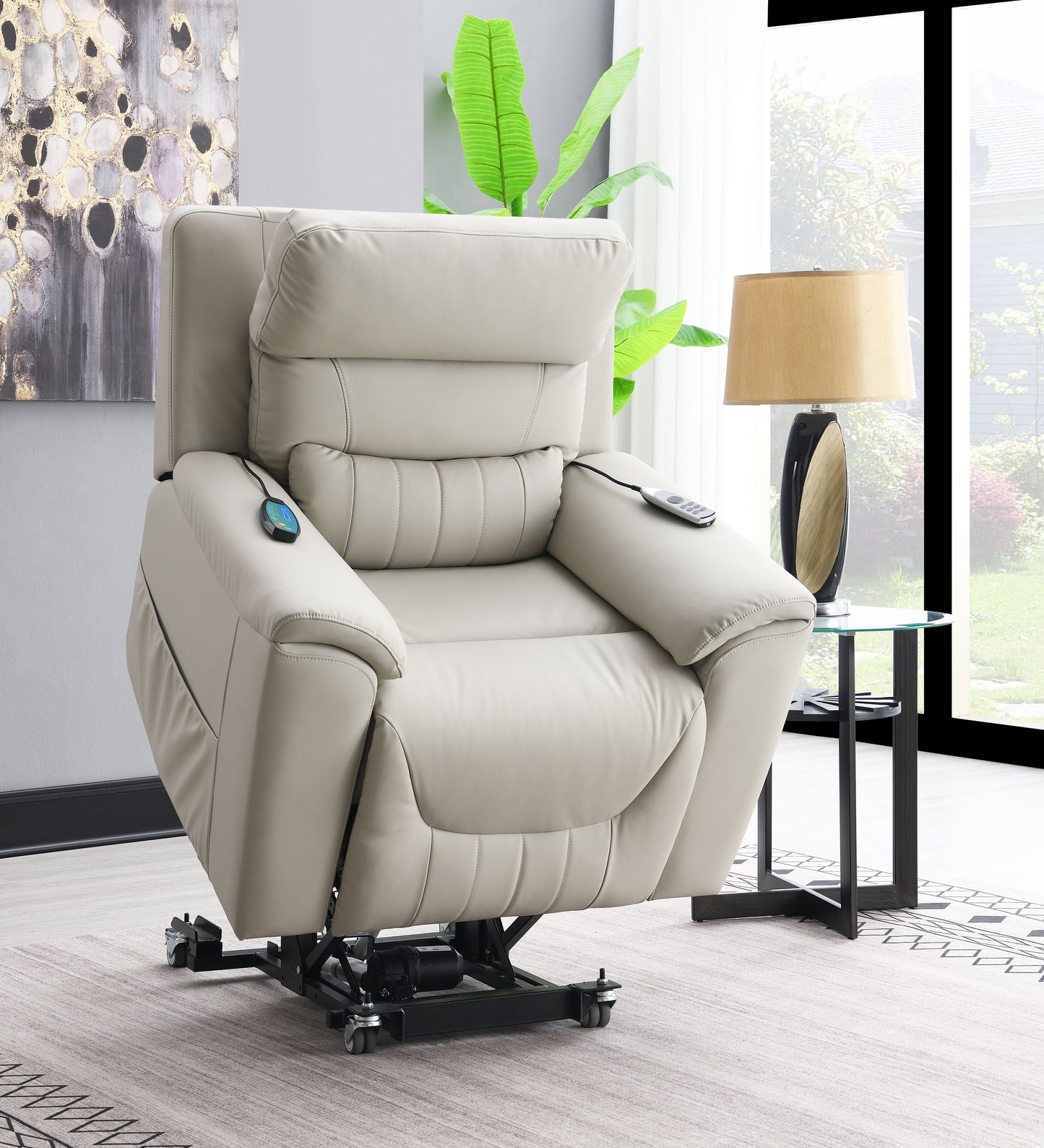 Marsha Light Gray Silicone Synthetic Leather Power Motion Recliner with Lift, Heating & Massage Chair FredCo