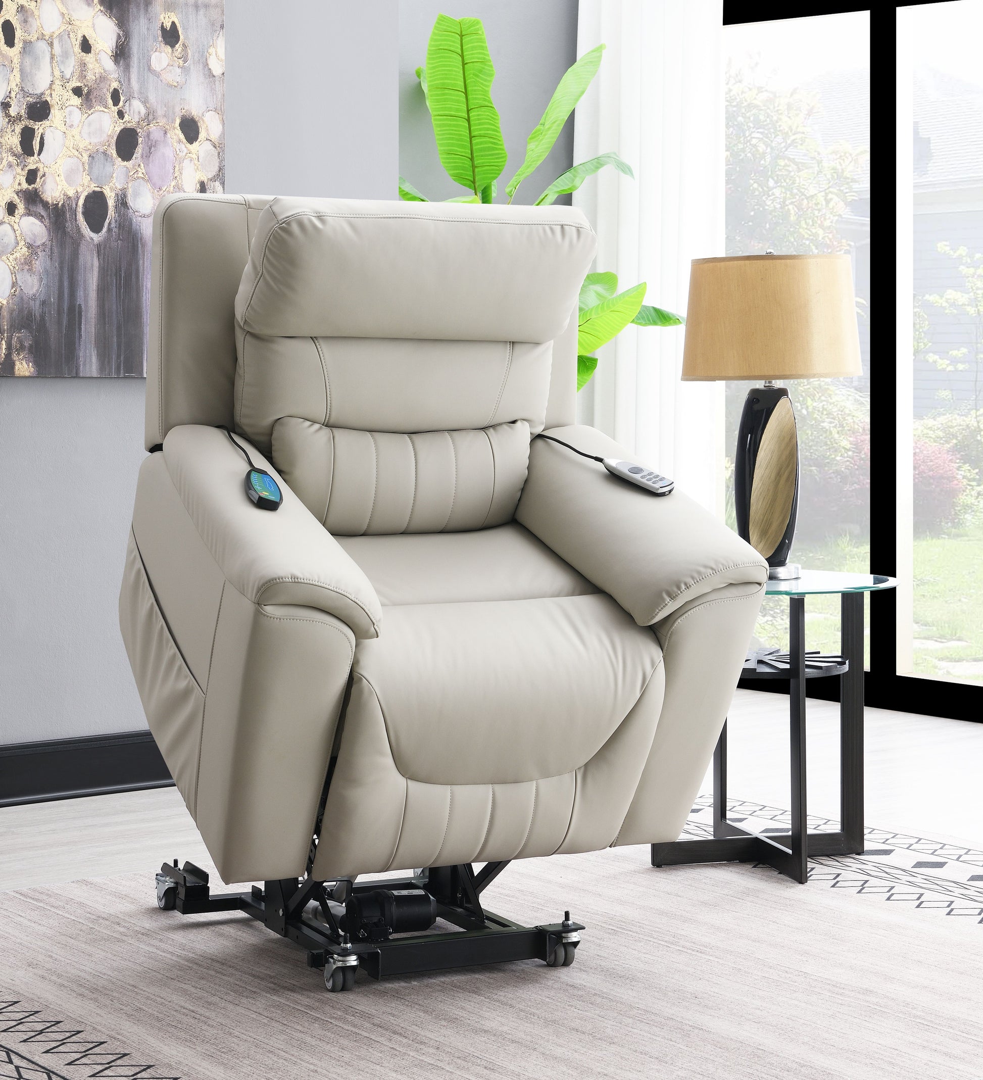 Marsha Light Gray Silicone Synthetic Leather Power Motion Recliner with Lift, Heating & Massage Chair FredCo