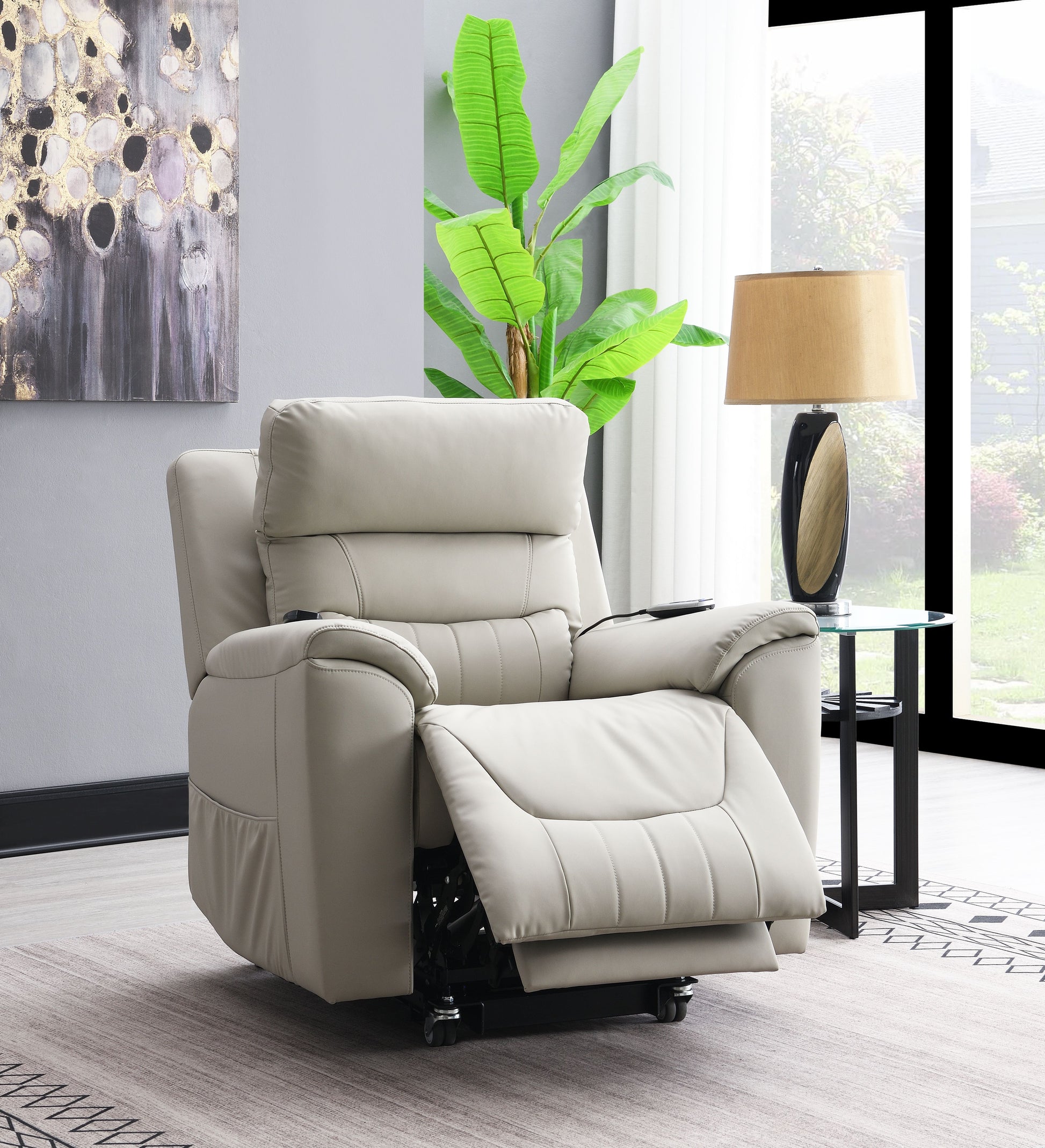 Marsha Light Gray Silicone Synthetic Leather Power Motion Recliner with Lift, Heating & Massage Chair FredCo