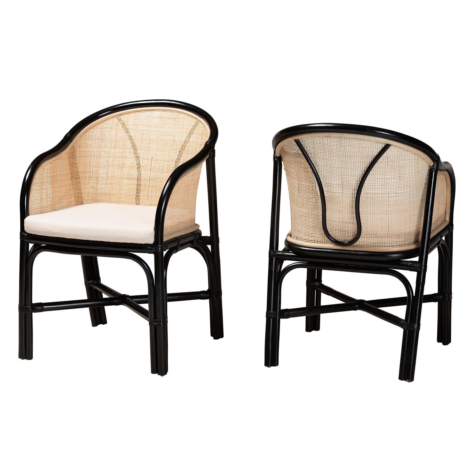 Miranda Modern Bohemian Two-Tone Black and Natural Brown Rattan 2-Piece Dining Chair Set FredCo