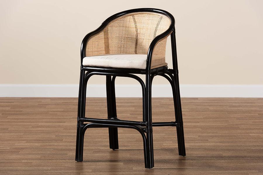 Miranda Modern Bohemian Two-Tone Black and Natural Brown Rattan Counter Stool FredCo