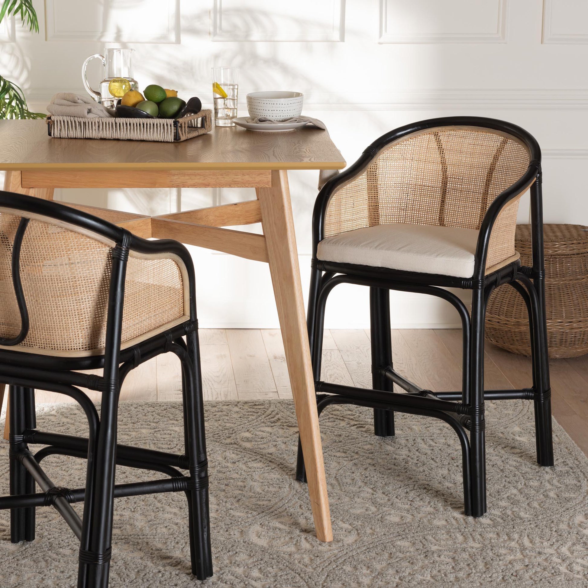 Miranda Modern Bohemian Two-Tone Black and Natural Brown Rattan Counter Stool FredCo