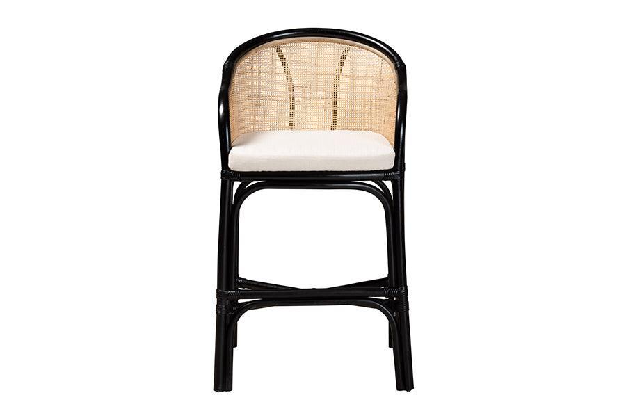 Miranda Modern Bohemian Two-Tone Black and Natural Brown Rattan Counter Stool FredCo