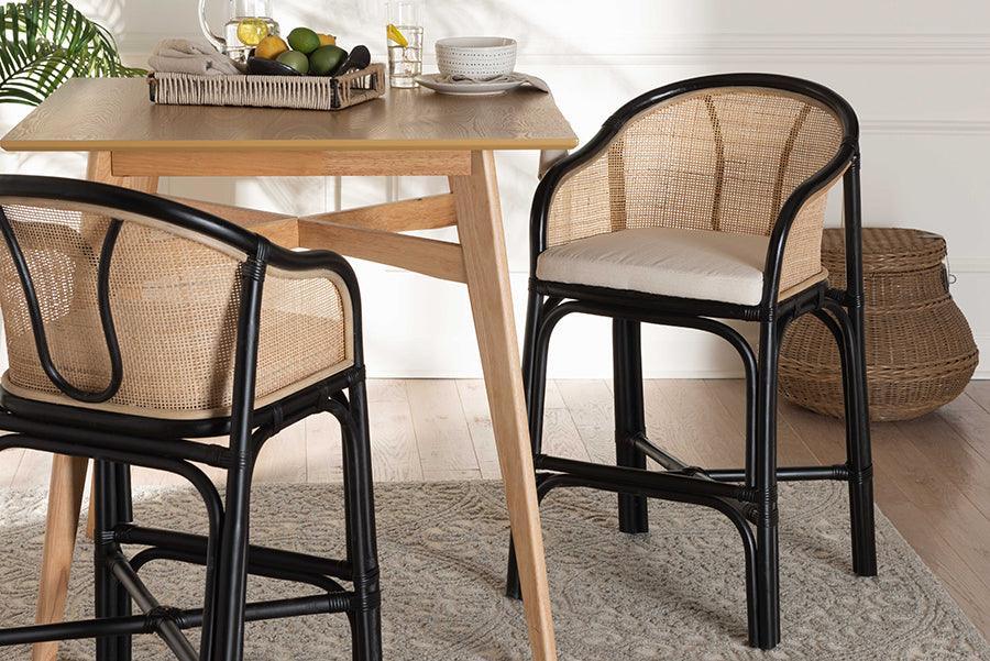 Miranda Modern Bohemian Two-Tone Black and Natural Brown Rattan Counter Stool FredCo