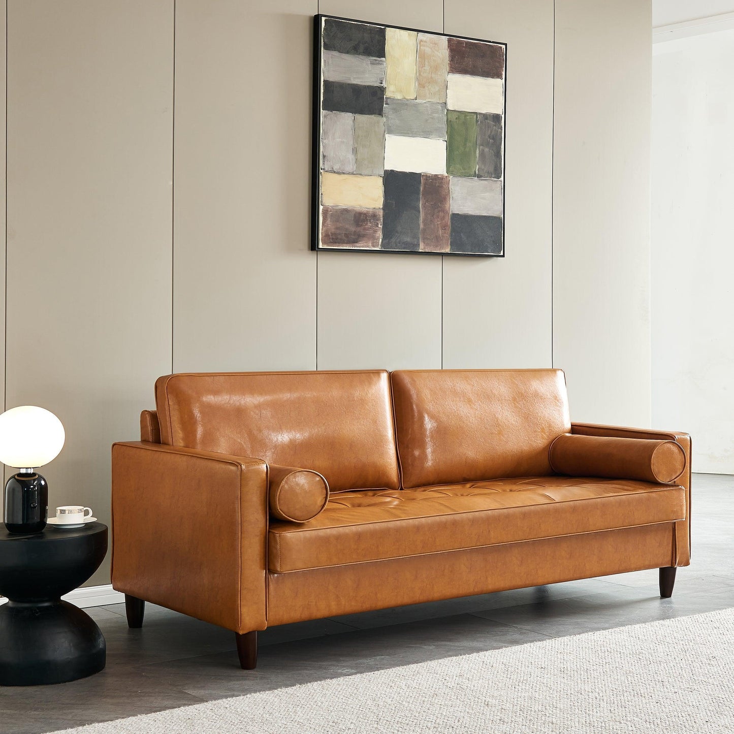 Modern Mid-Century Vegan Leather Sofa （Mocha） FredCo