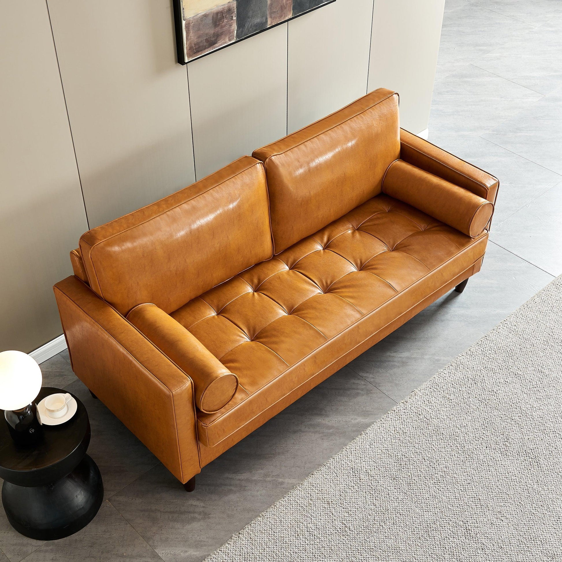 Modern Mid-Century Vegan Leather Sofa （Mocha） FredCo