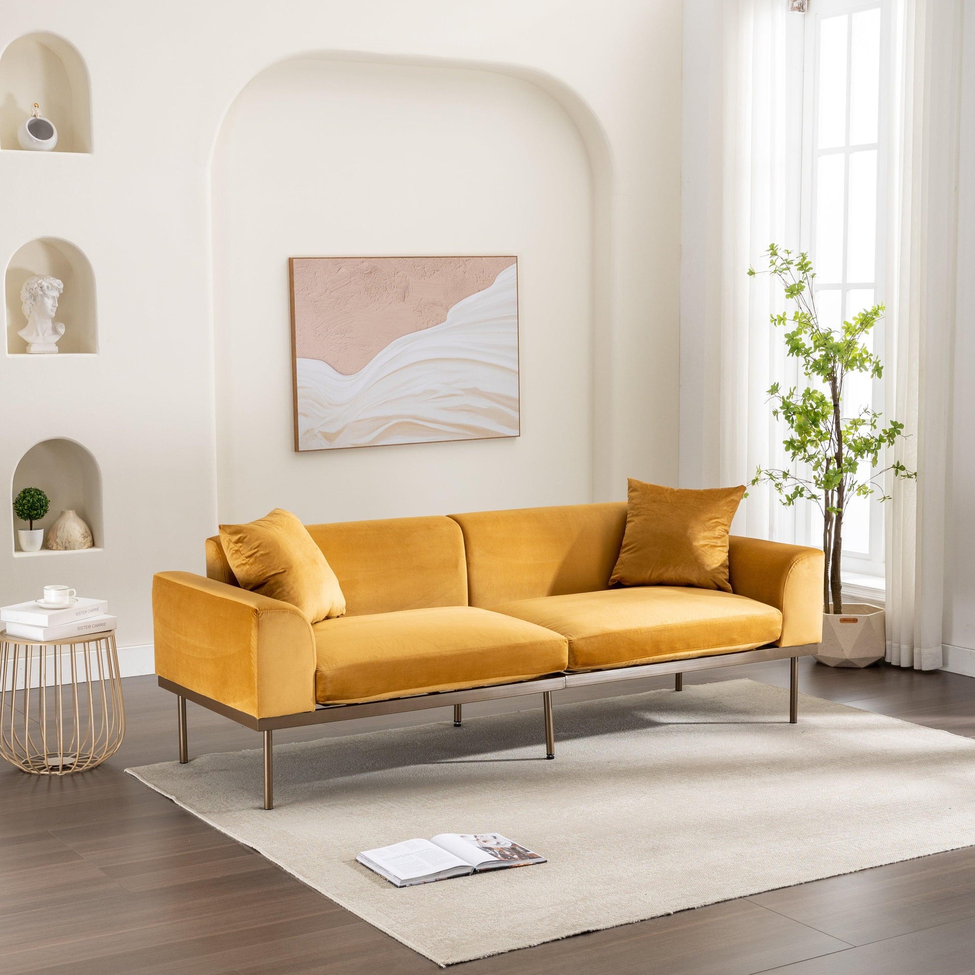 Modern Velvet Sofa with Two Pillows, Mustard FredCo