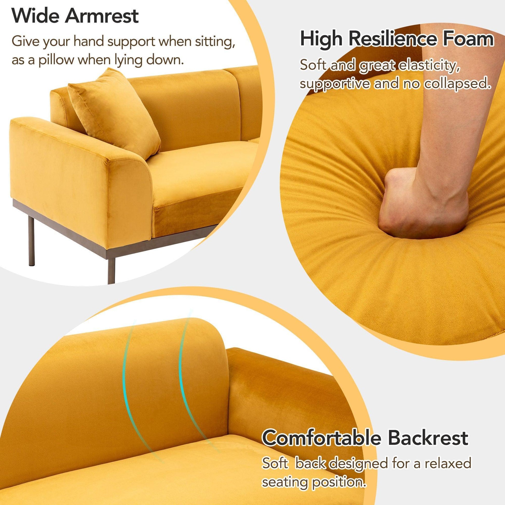 Modern Velvet Sofa with Two Pillows, Mustard FredCo