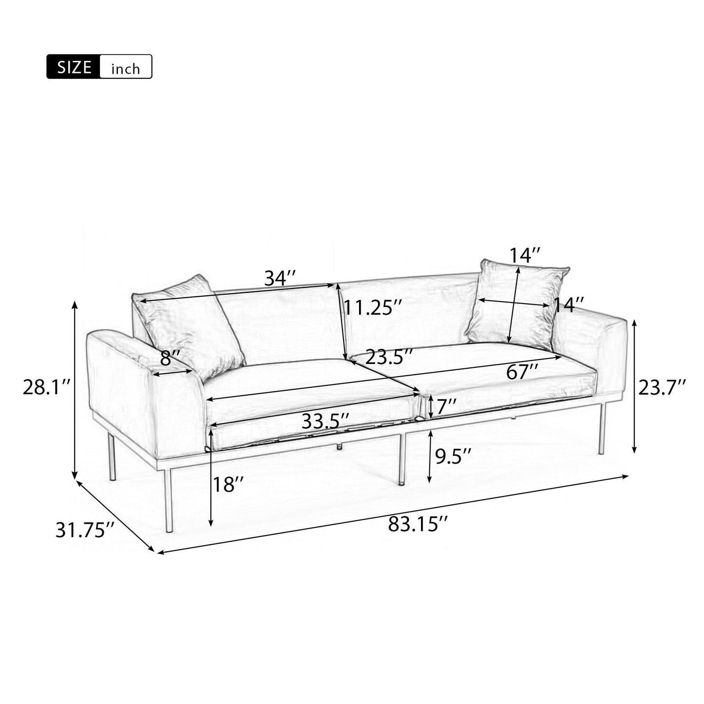 Modern Velvet Sofa with Two Pillows, Mustard FredCo