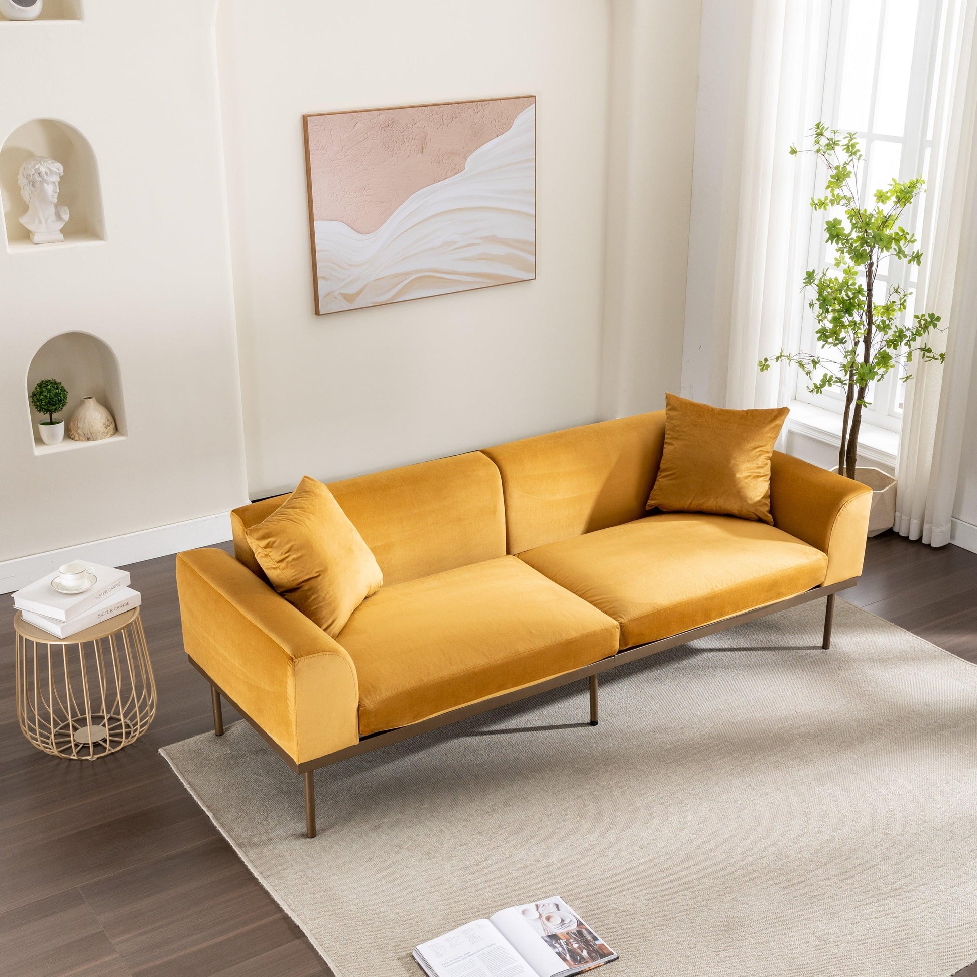 Modern Velvet Sofa with Two Pillows, Mustard FredCo