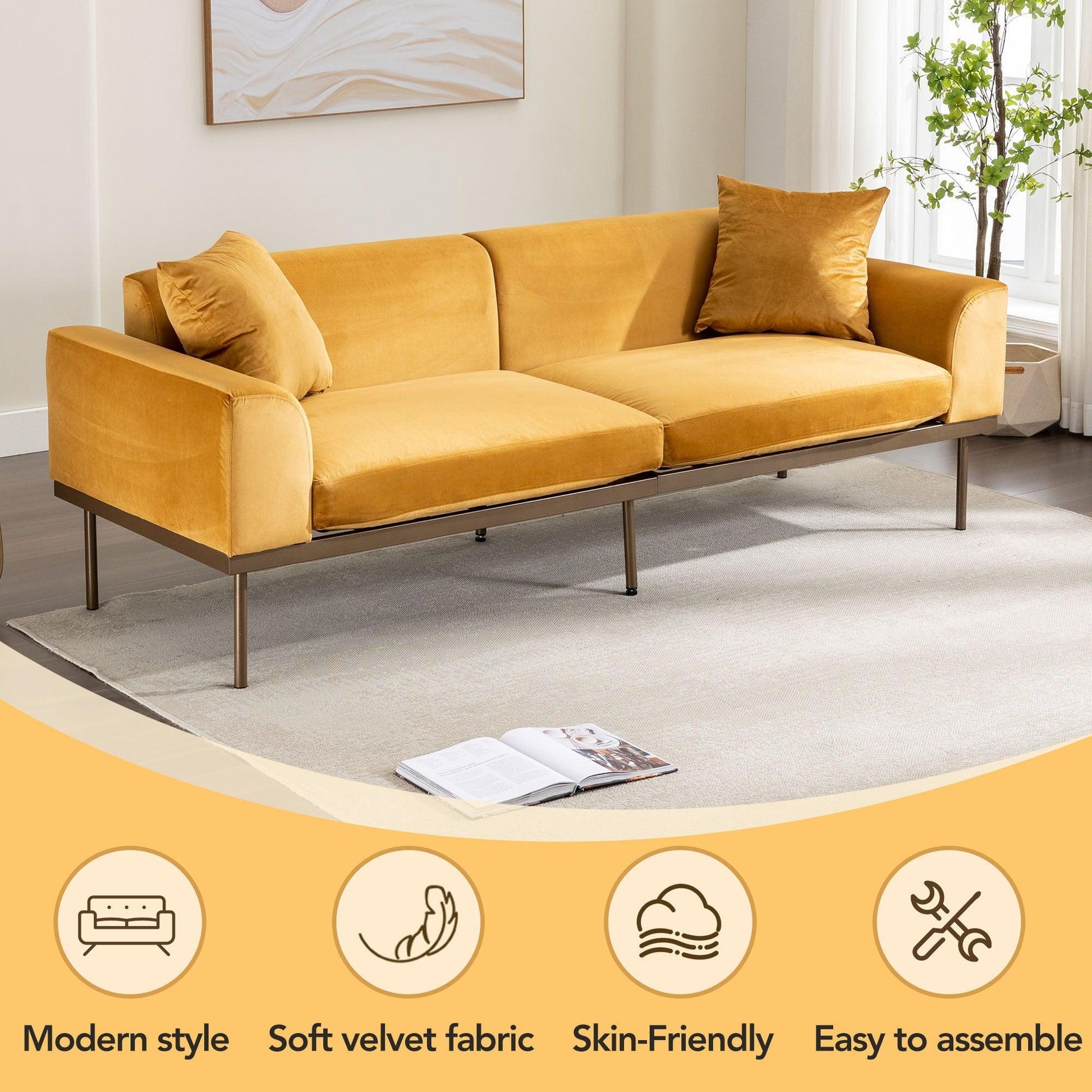 Modern Velvet Sofa with Two Pillows, Mustard FredCo