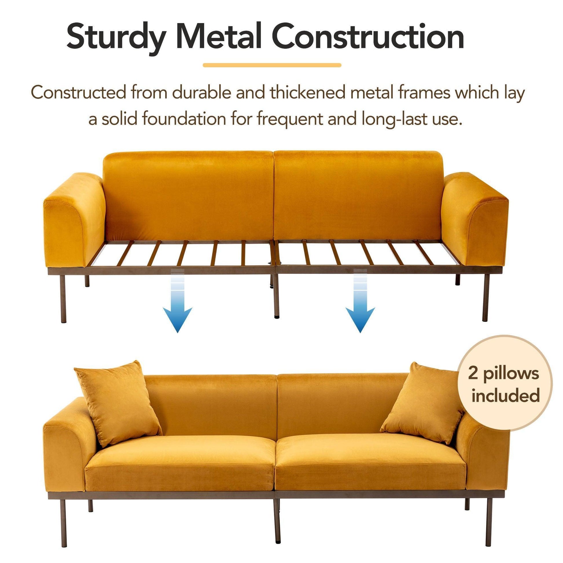 Modern Velvet Sofa with Two Pillows, Mustard FredCo