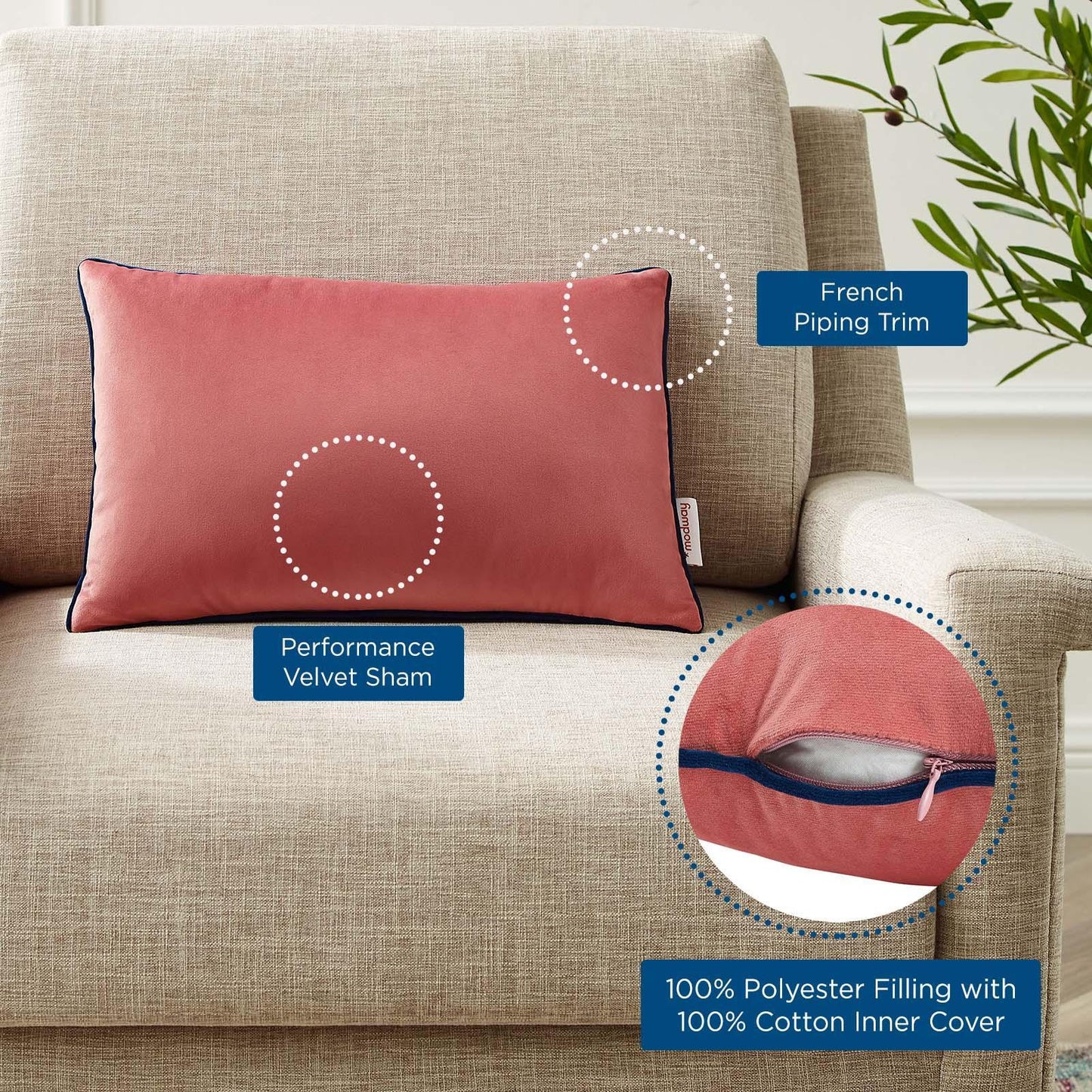 Modway Accentuate 18" Lumbar Performance Velvet Throw Pillow FredCo