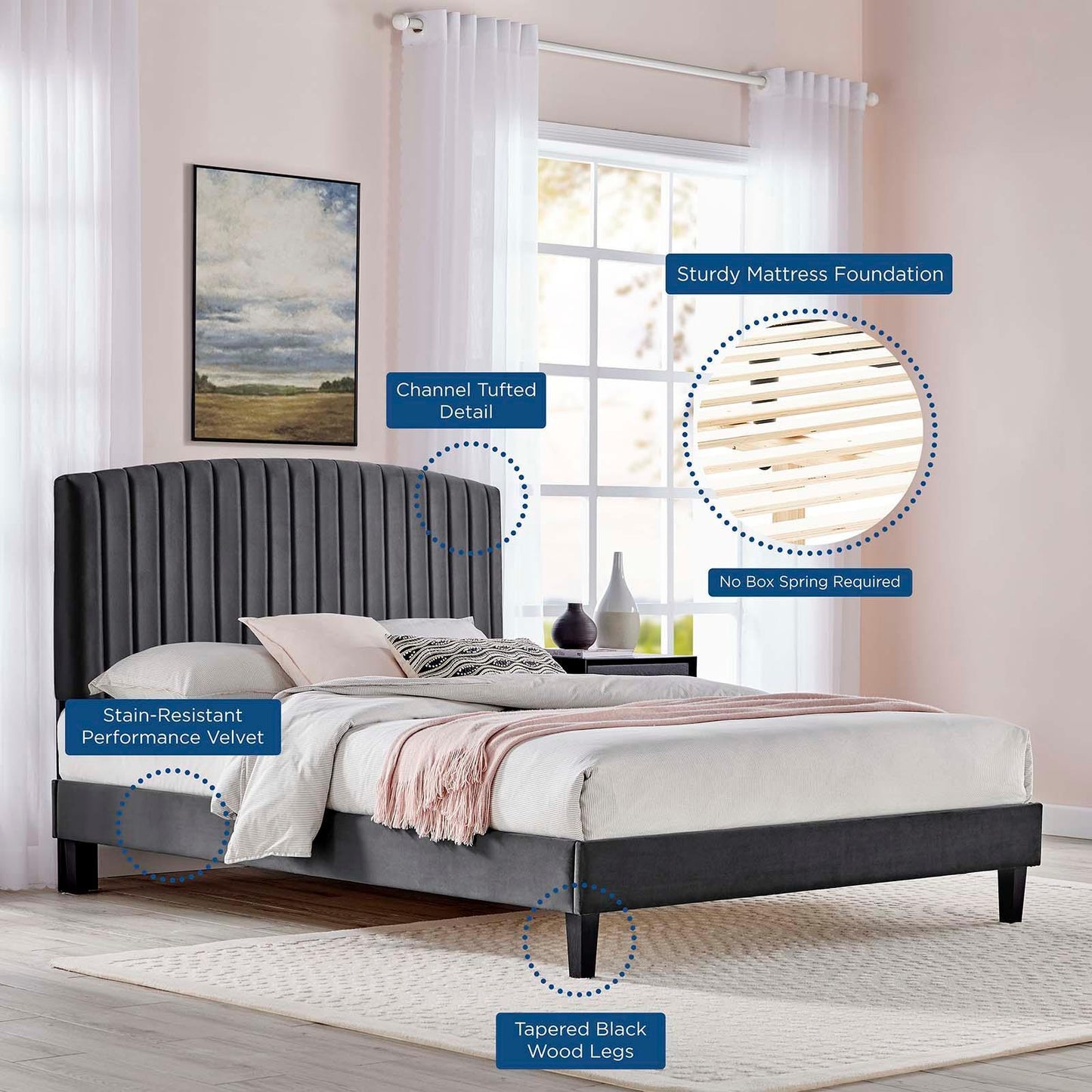 Modway Alessi Performance Velvet Full Platform Bed FredCo