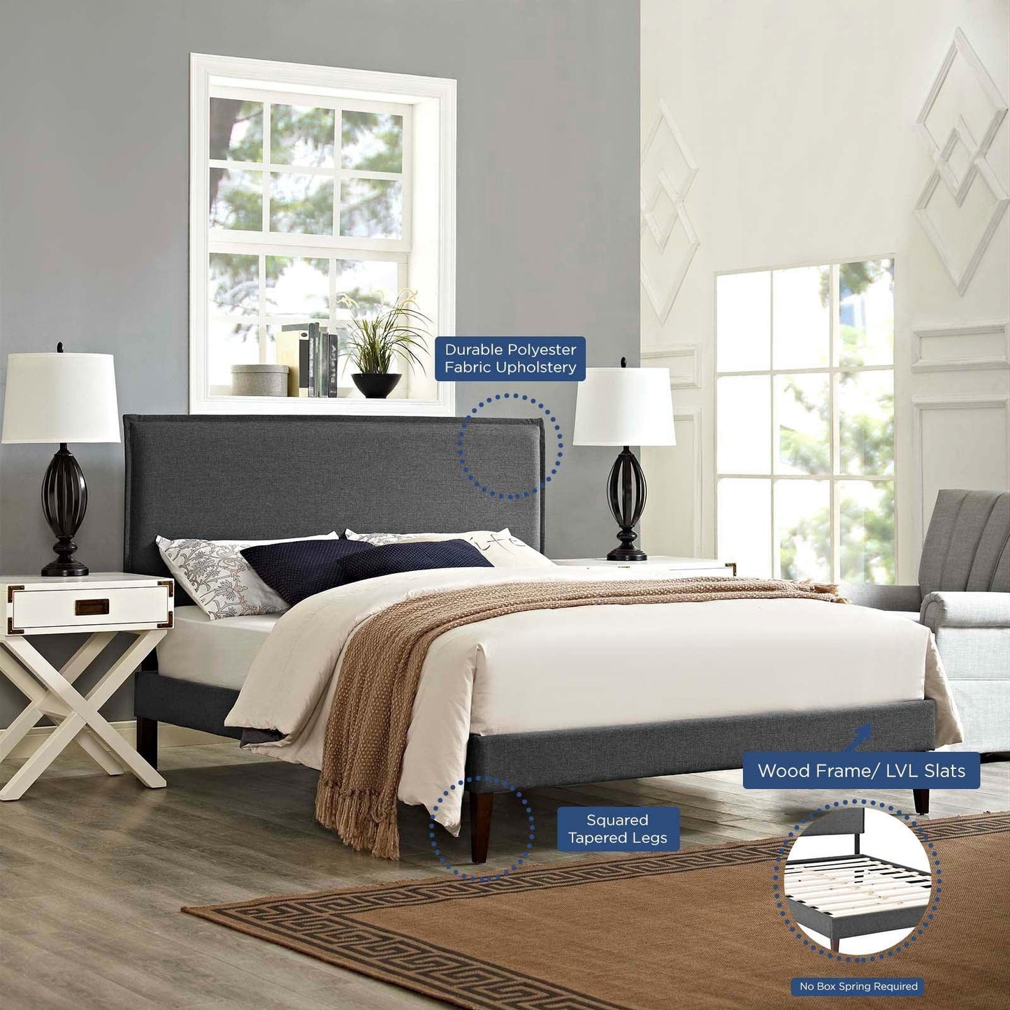 Modway Amaris Queen Fabric Platform Bed with Squared Tapered Legs FredCo