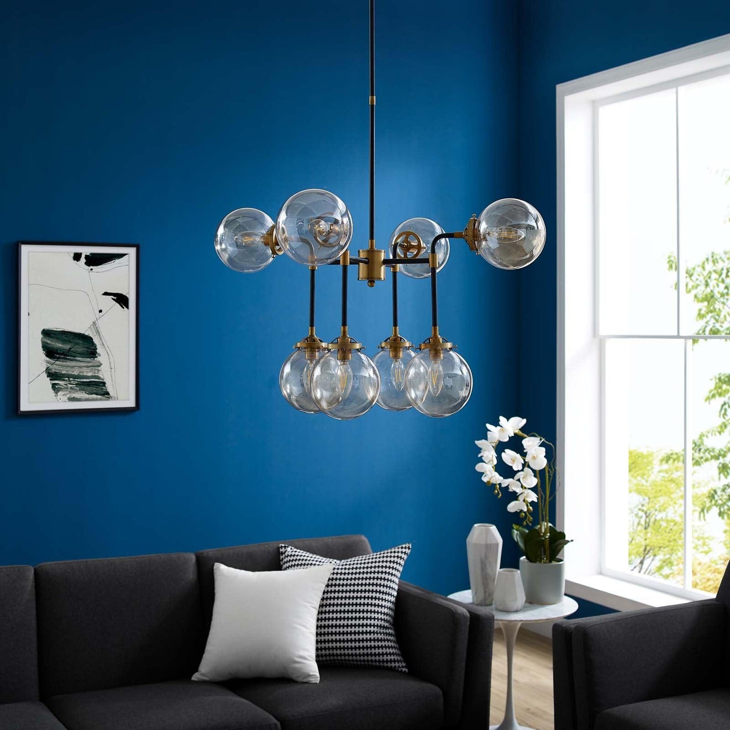 Modway Ambition Amber Glass And Antique Brass 8 Light Pendant Chandelier FredCo