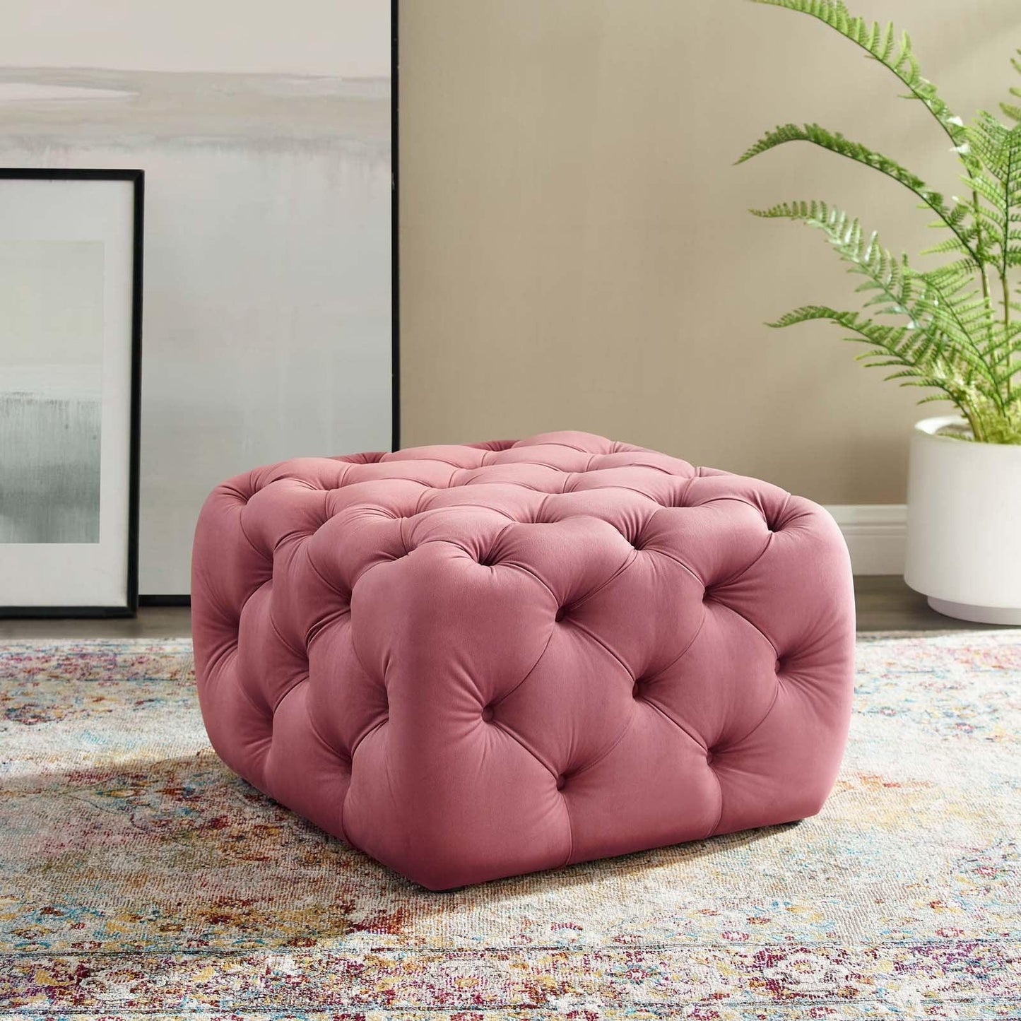 Modway Amour Tufted Button Square Performance Velvet Ottoman FredCo