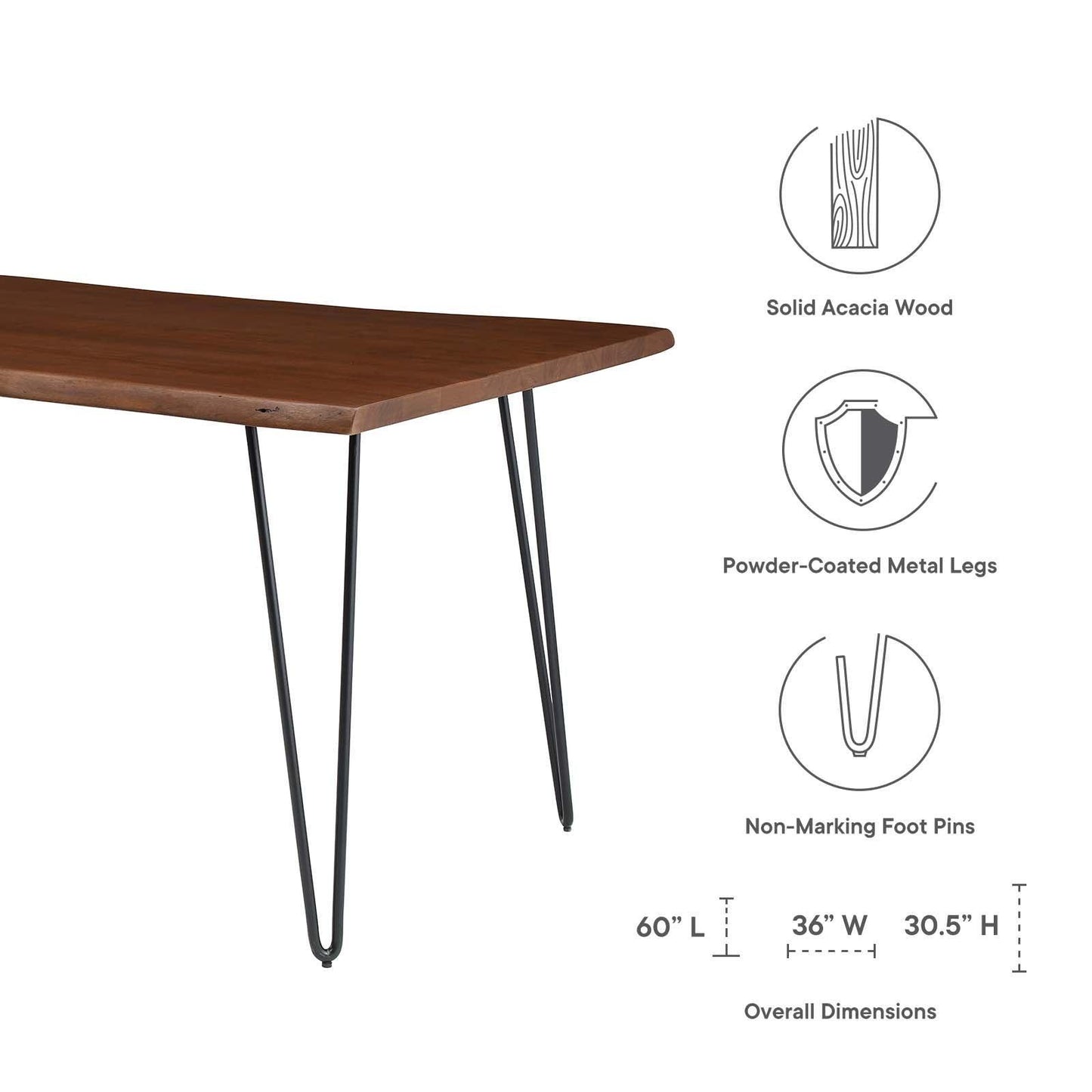 Modway Ardor 60" Live Edge Acacia Wood Dining Table FredCo