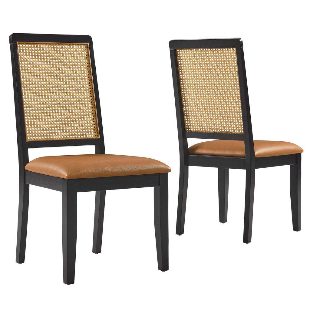 Modway Arlo Vegan Leather Upholstered Faux Rattan and Wood Dining Side Chairs - Set of 2 FredCo