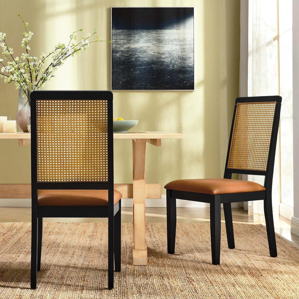 Modway Arlo Vegan Leather Upholstered Faux Rattan and Wood Dining Side Chairs - Set of 2 FredCo