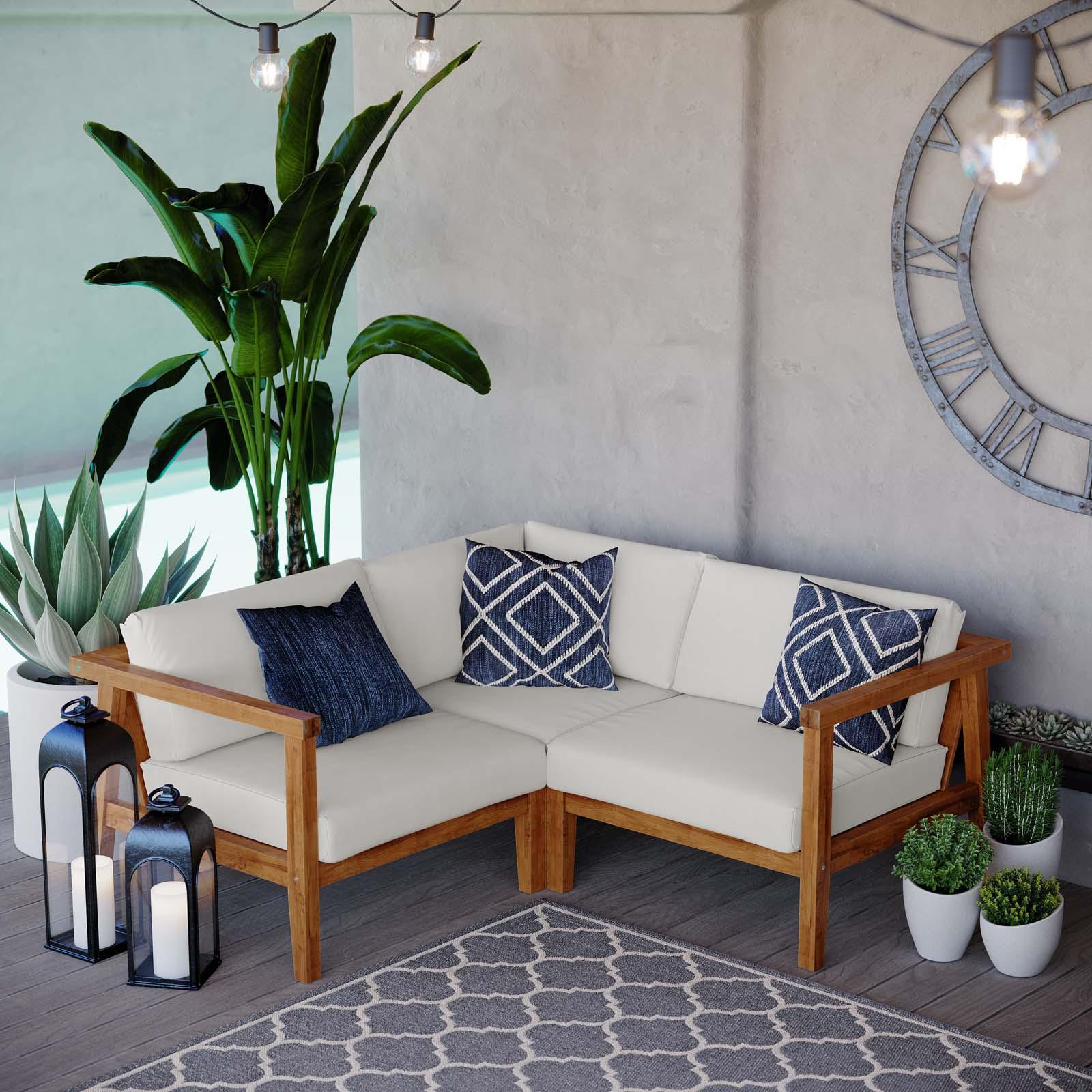 Modway Bayport Outdoor Patio Teak Wood 3-Piece Sectional Sofa Set FredCo