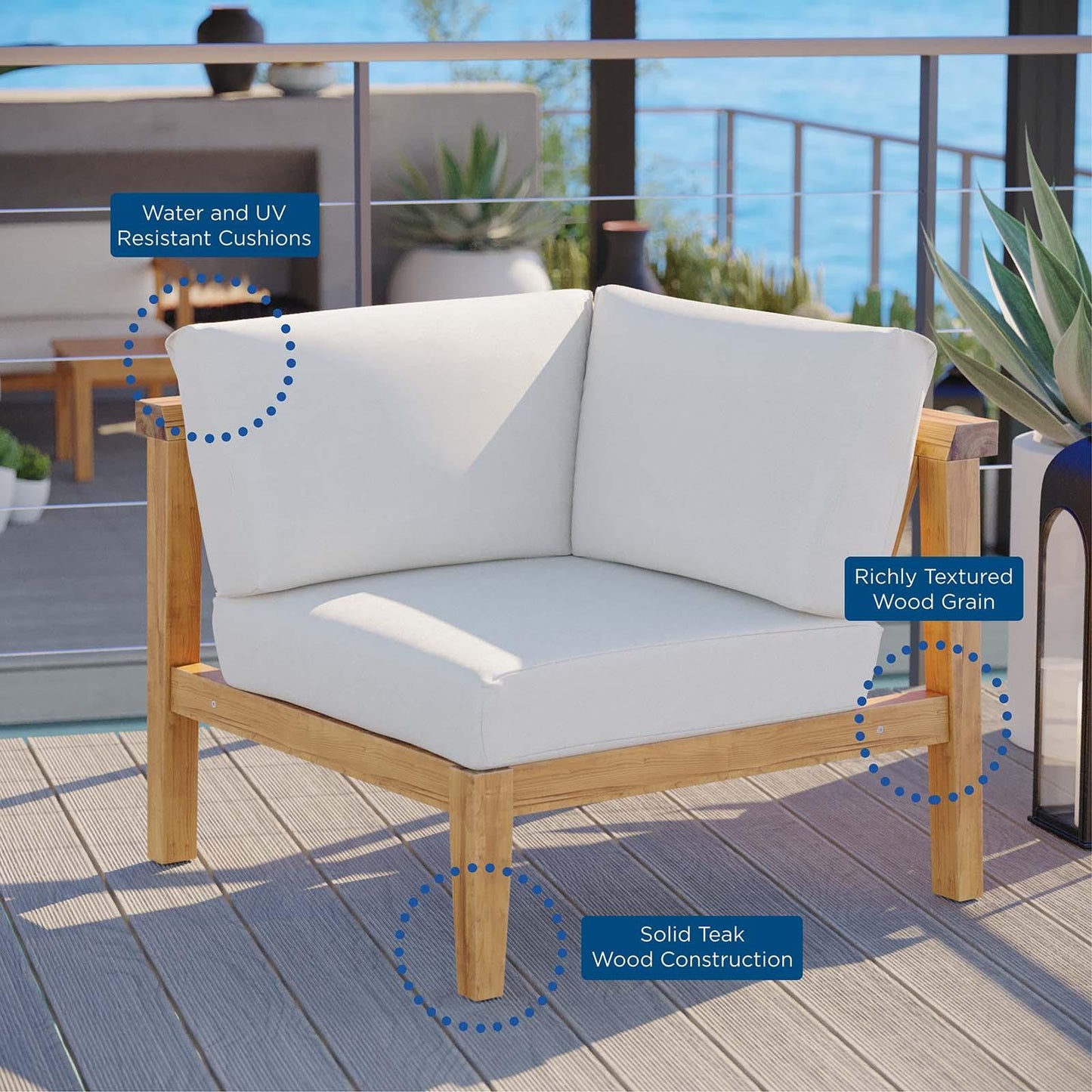 Modway Bayport Outdoor Patio Teak Wood Corner Chair FredCo