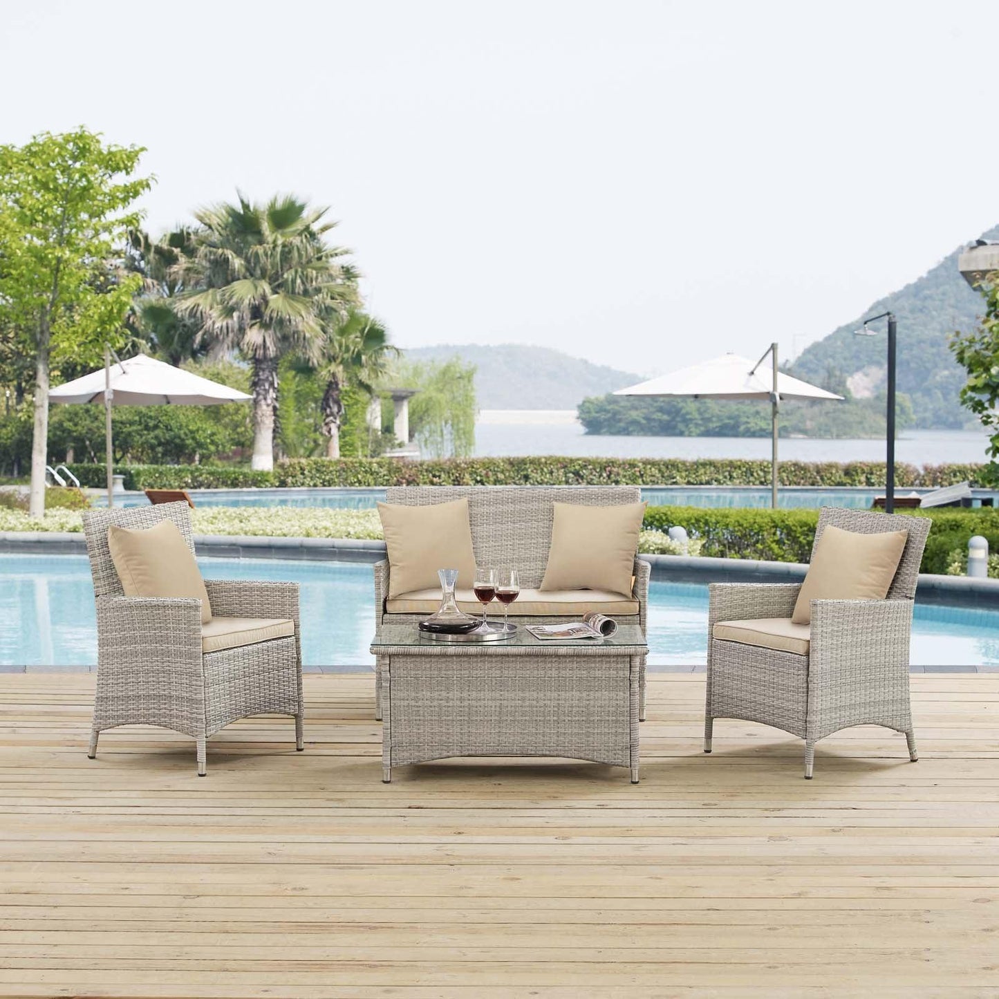 Modway Bridge 4 Piece Outdoor Patio Patio Conversation Set with Pillow Set FredCo