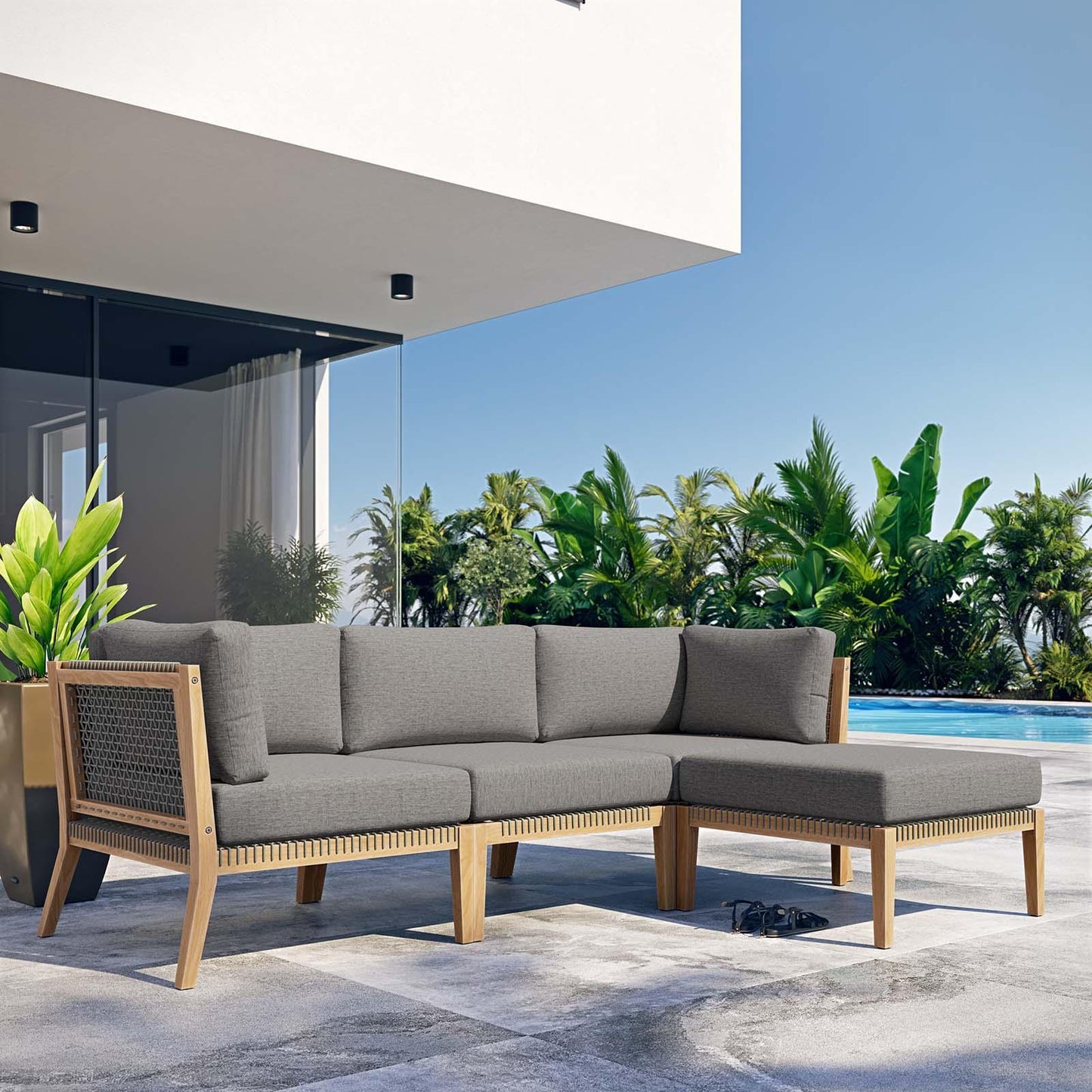 Modway Clearwater Outdoor Patio Teak Wood 4-Piece Sectional Sofa FredCo